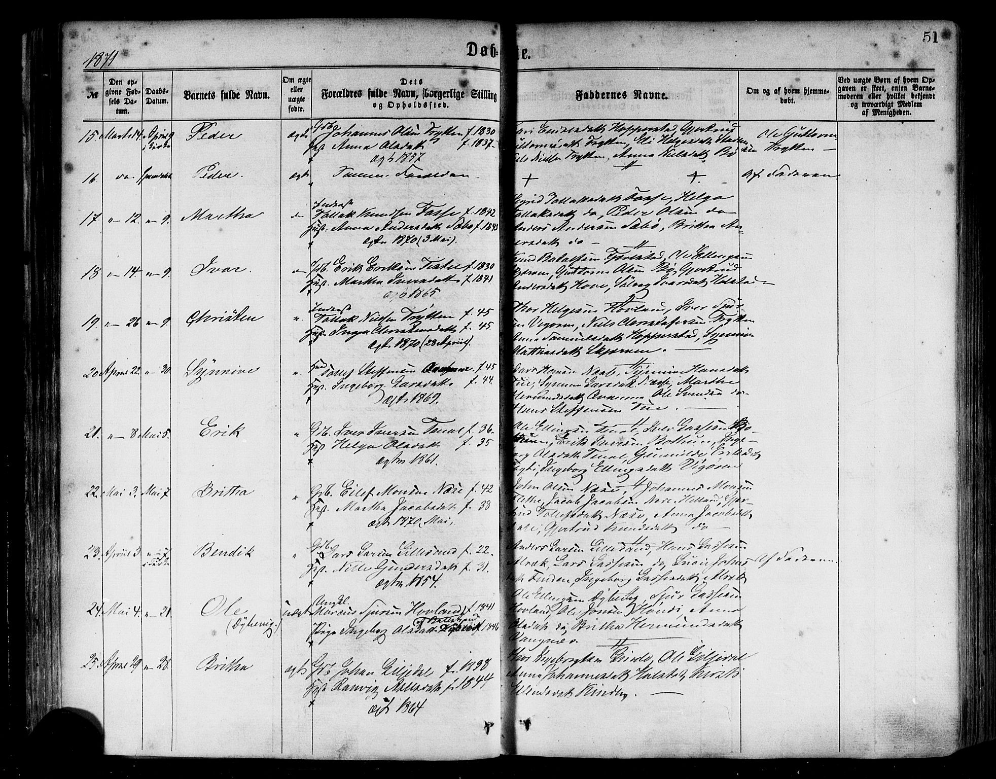 Vik sokneprestembete, AV/SAB-A-81501/H/Haa/Haaa/L0009: Ministerialbok nr. A 9, 1866-1877, s. 51