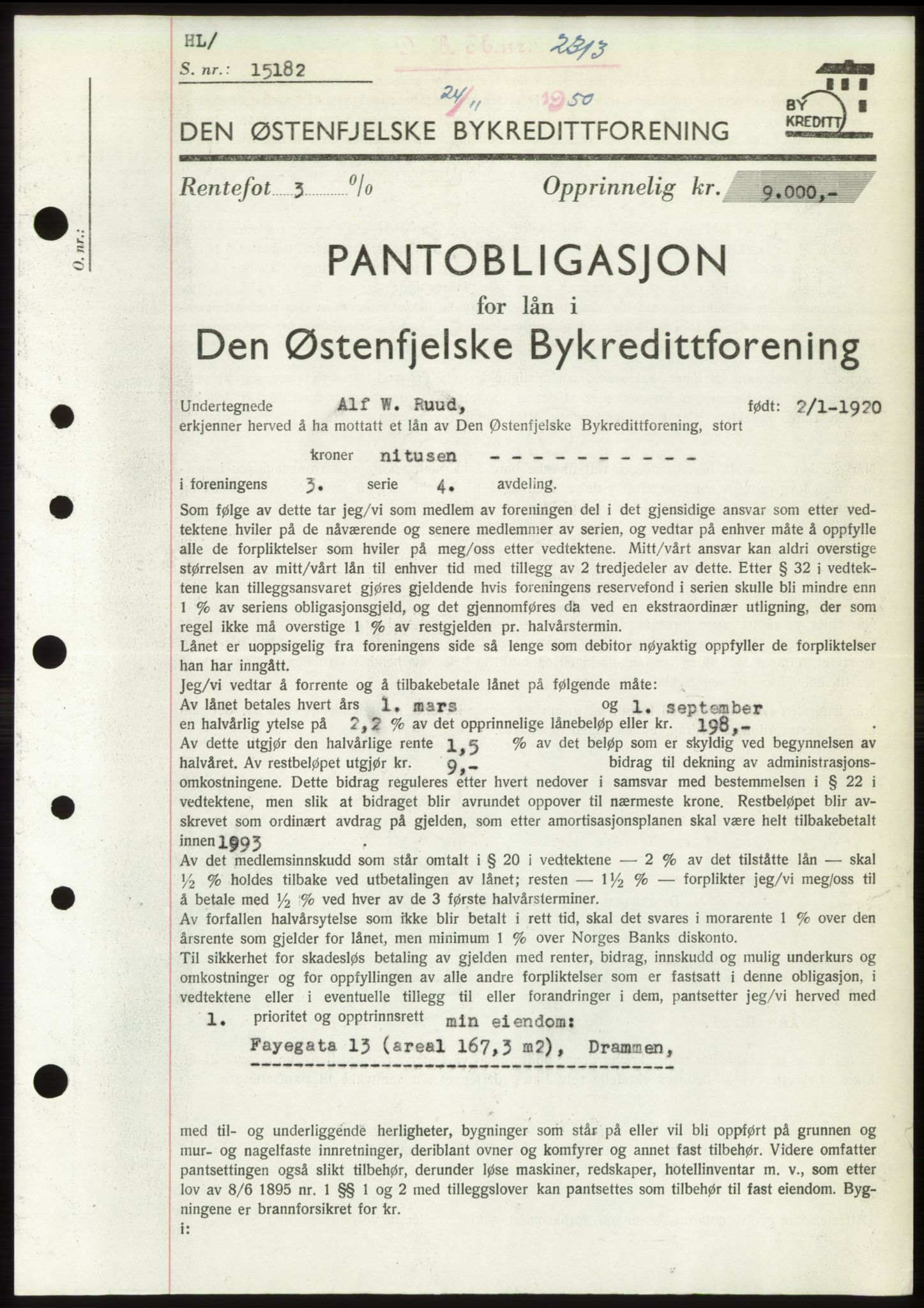 Drammen byfogd, SAKO/A-222/G/Ga/Gad/L0011: Pantebok nr. B11, 1950-1950, Dagboknr: 2313/1950