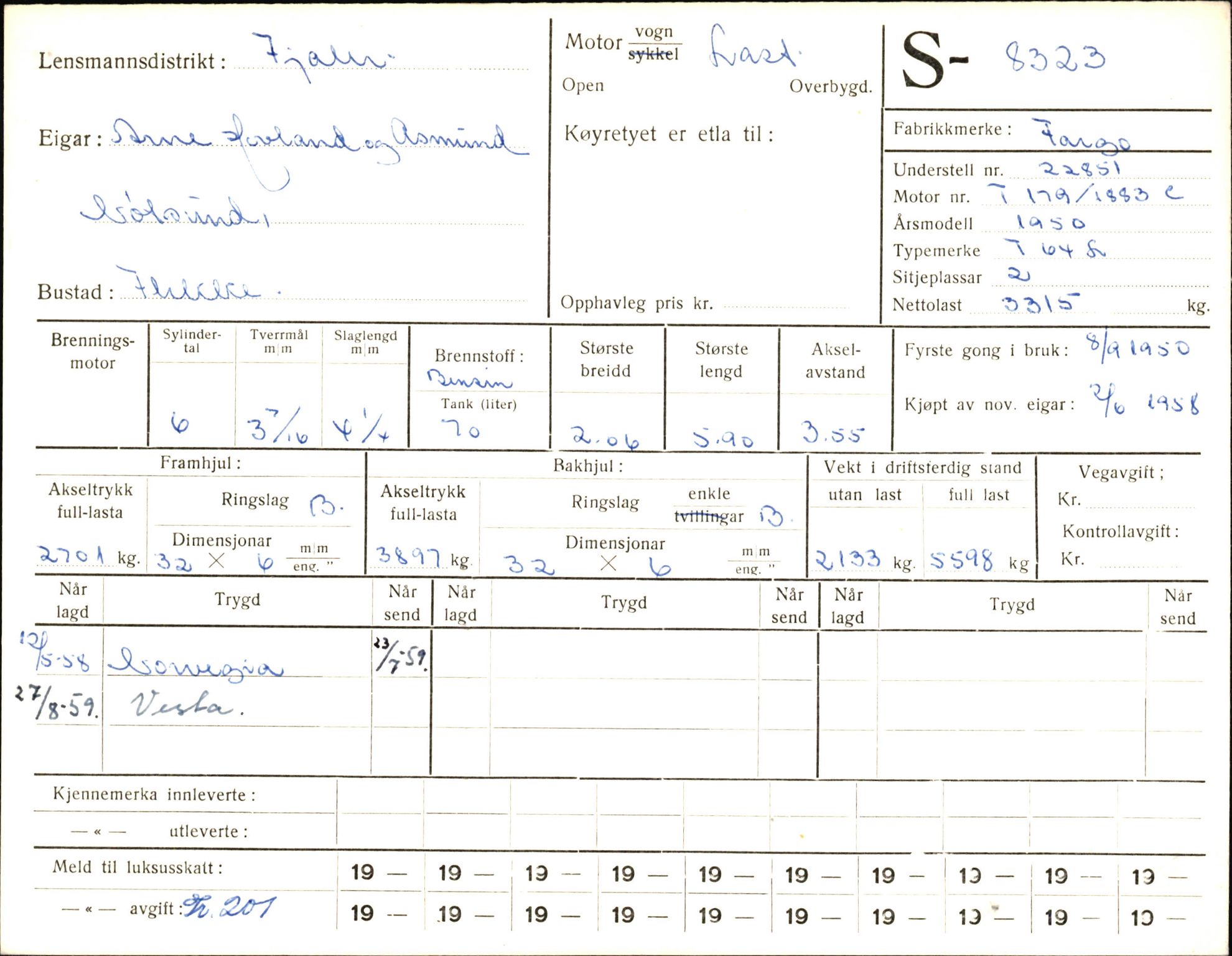 Statens vegvesen, Sogn og Fjordane vegkontor, AV/SAB-A-5301/4/F/L0006: Registerkort utmeldte Fjordane S8300-9500, 1930-1961, s. 38