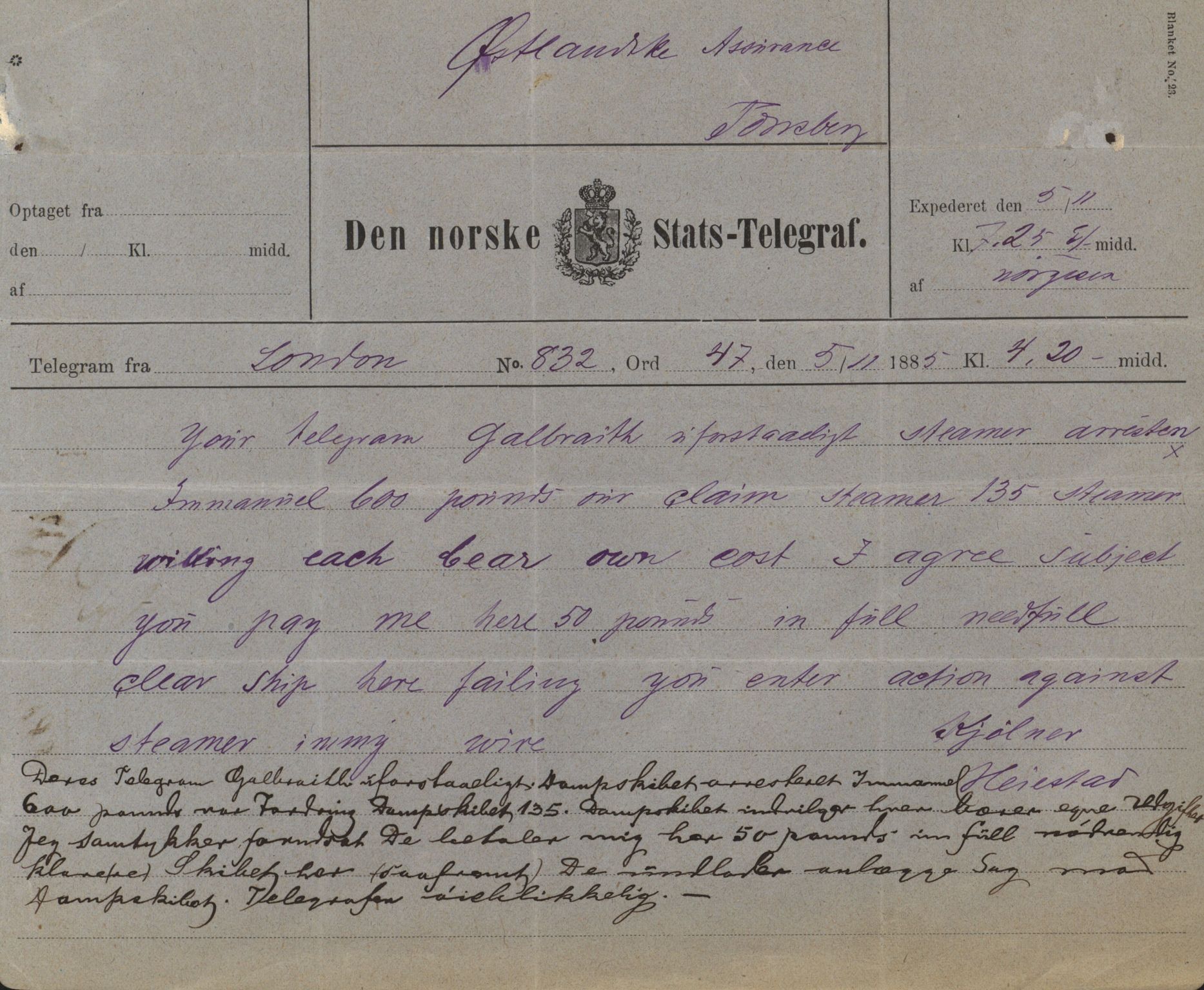 Pa 63 - Østlandske skibsassuranceforening, VEMU/A-1079/G/Ga/L0018/0011: Havaridokumenter / Bertha, Bonita, Immanuel, Th. Thoresen, India, 1885, s. 32