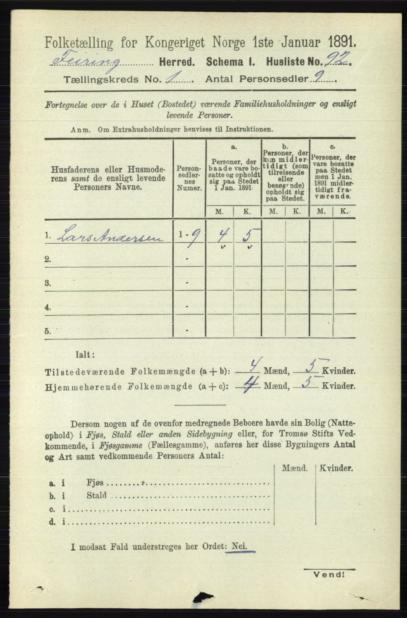 RA, Folketelling 1891 for 0240 Feiring herred, 1891, s. 103