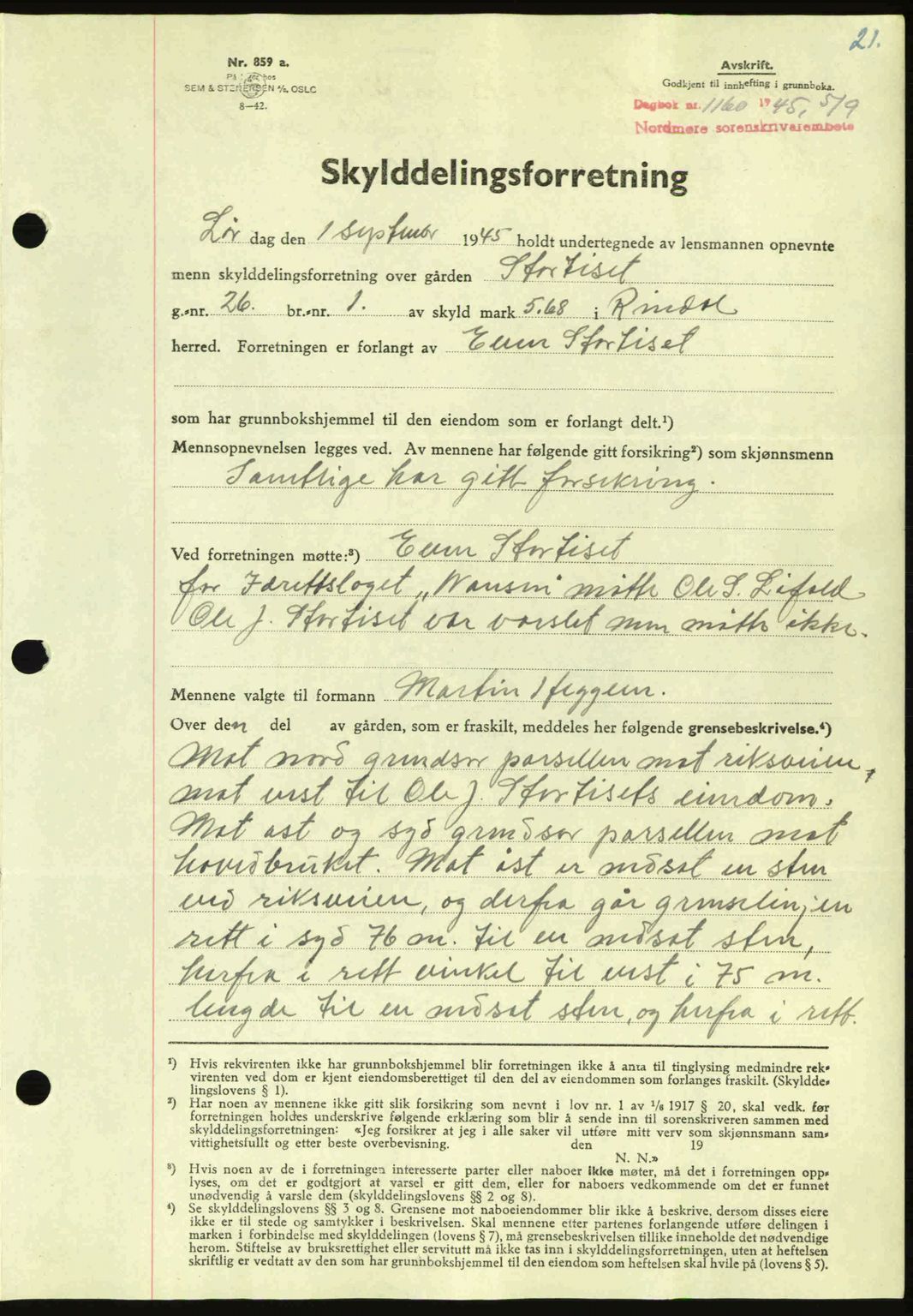 Nordmøre sorenskriveri, AV/SAT-A-4132/1/2/2Ca: Pantebok nr. A100a, 1945-1945, Dagboknr: 1160/1945