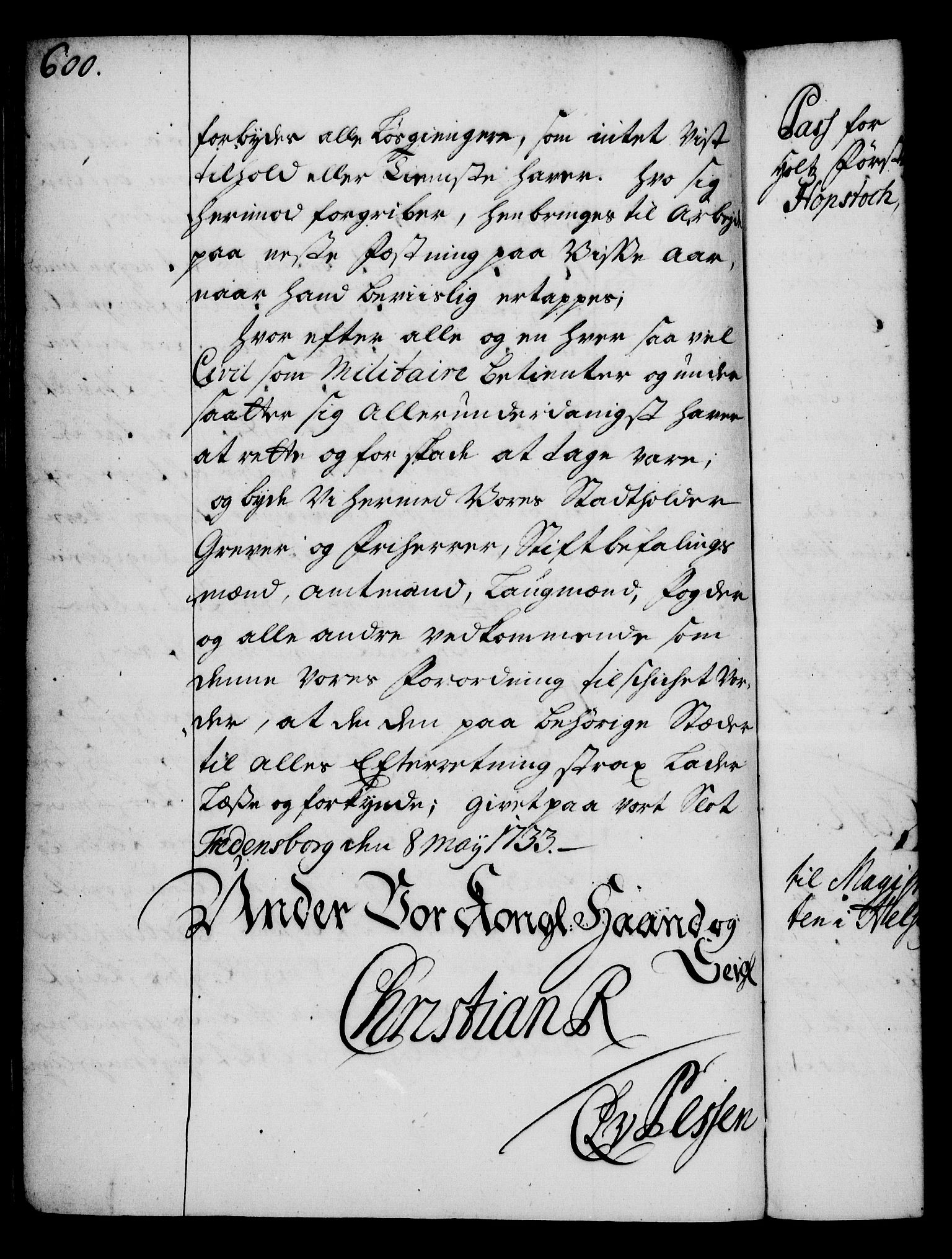 Rentekammeret, Kammerkanselliet, RA/EA-3111/G/Gg/Gga/L0003: Norsk ekspedisjonsprotokoll med register (merket RK 53.3), 1727-1734, s. 600