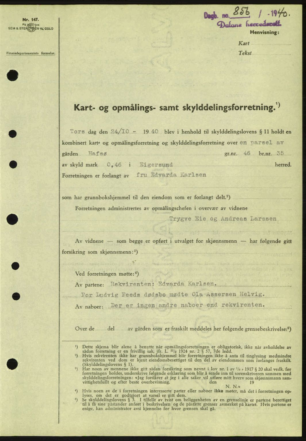 Dalane sorenskriveri, SAST/A-100309/02/G/Gb/L0044: Pantebok nr. A5, 1940-1941, Dagboknr: 856/1940