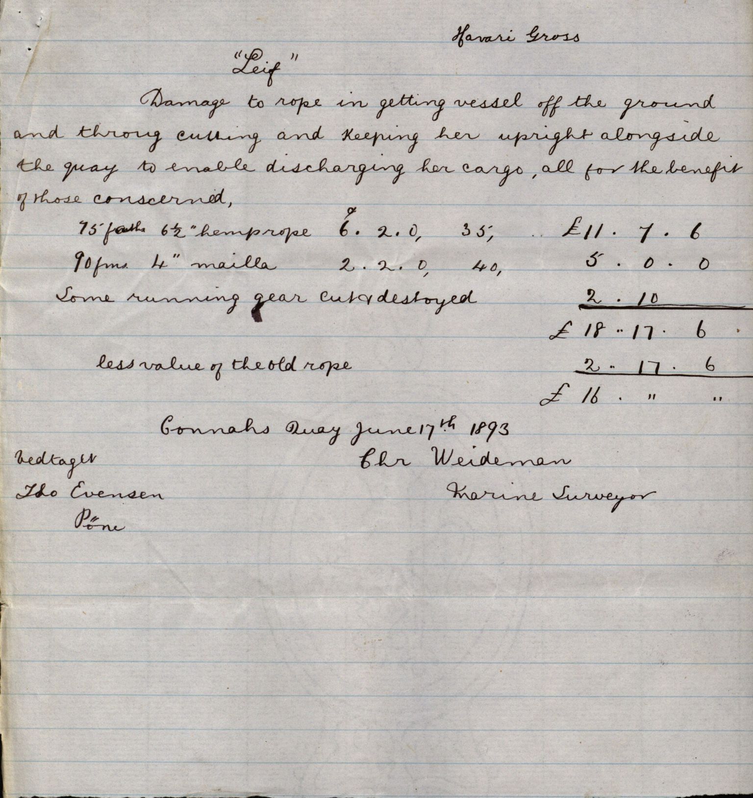 Pa 63 - Østlandske skibsassuranceforening, VEMU/A-1079/G/Ga/L0030/0001: Havaridokumenter / Leif, Korsvei, Margret, Mangerton, Mathilde, Island, Andover, 1893, s. 129