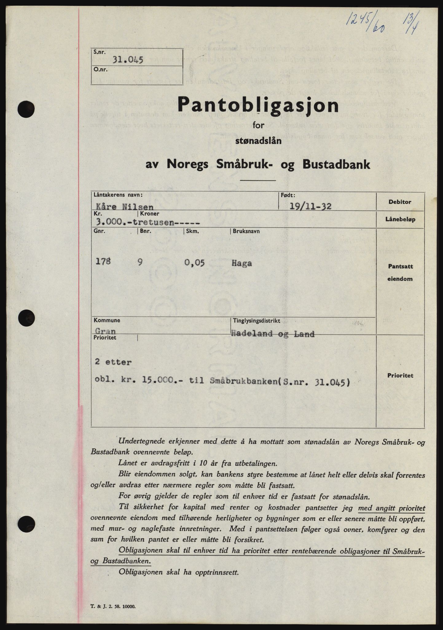 Hadeland og Land tingrett, SAH/TING-010/H/Hb/Hbc/L0042: Pantebok nr. B42, 1959-1960, Dagboknr: 1245/1960