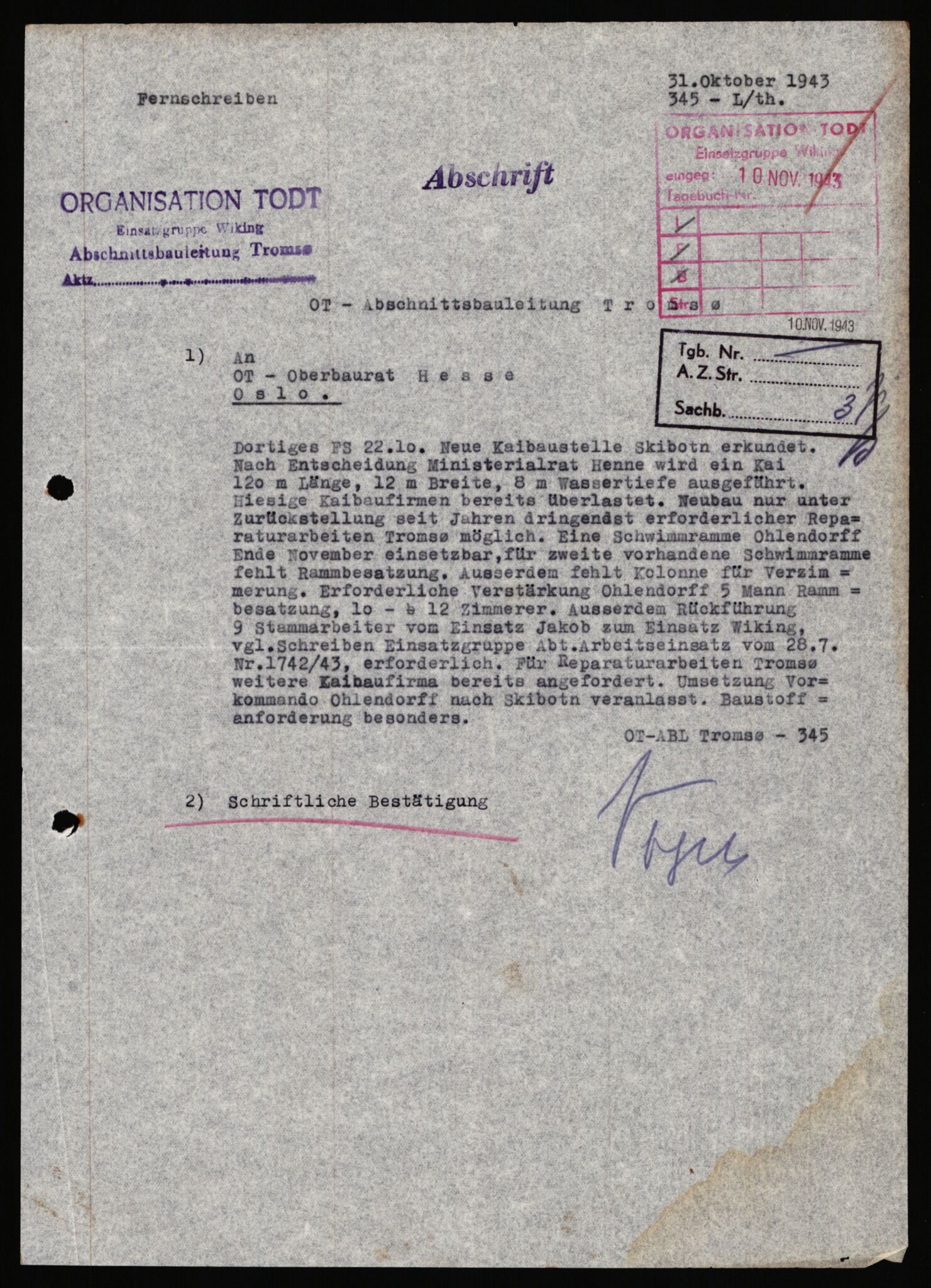 Tyske arkiver, Organisation Todt (OT), Einsatzgruppe Wiking, AV/RA-RAFA-2188/1/E/E6/E6a/L0008: 4. Oberbauleitung Narvik: Arkivkode 451-483, 1940-1945, s. 146