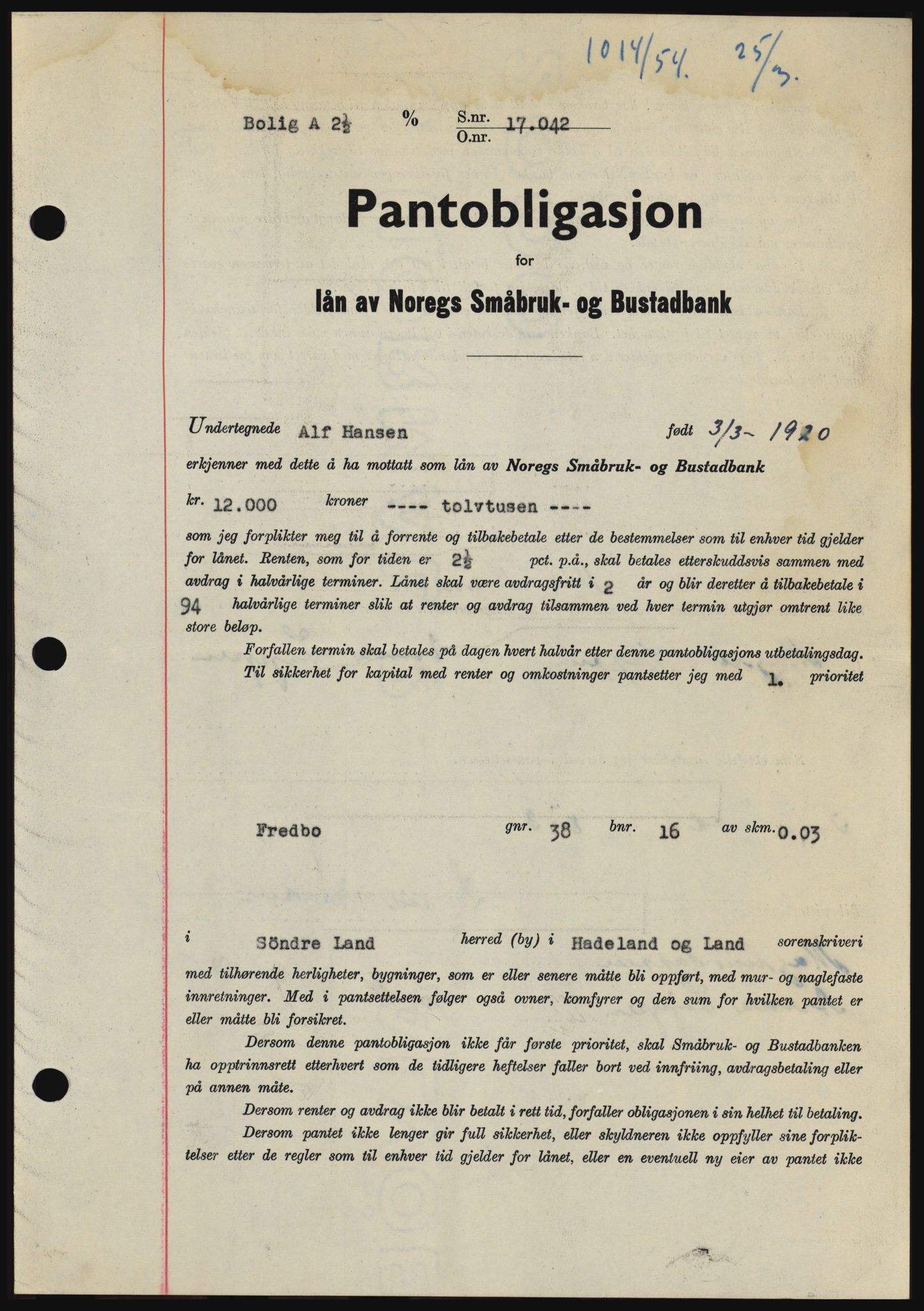Hadeland og Land tingrett, SAH/TING-010/H/Hb/Hbc/L0029: Pantebok nr. B29, 1954-1954, Dagboknr: 1014/1954