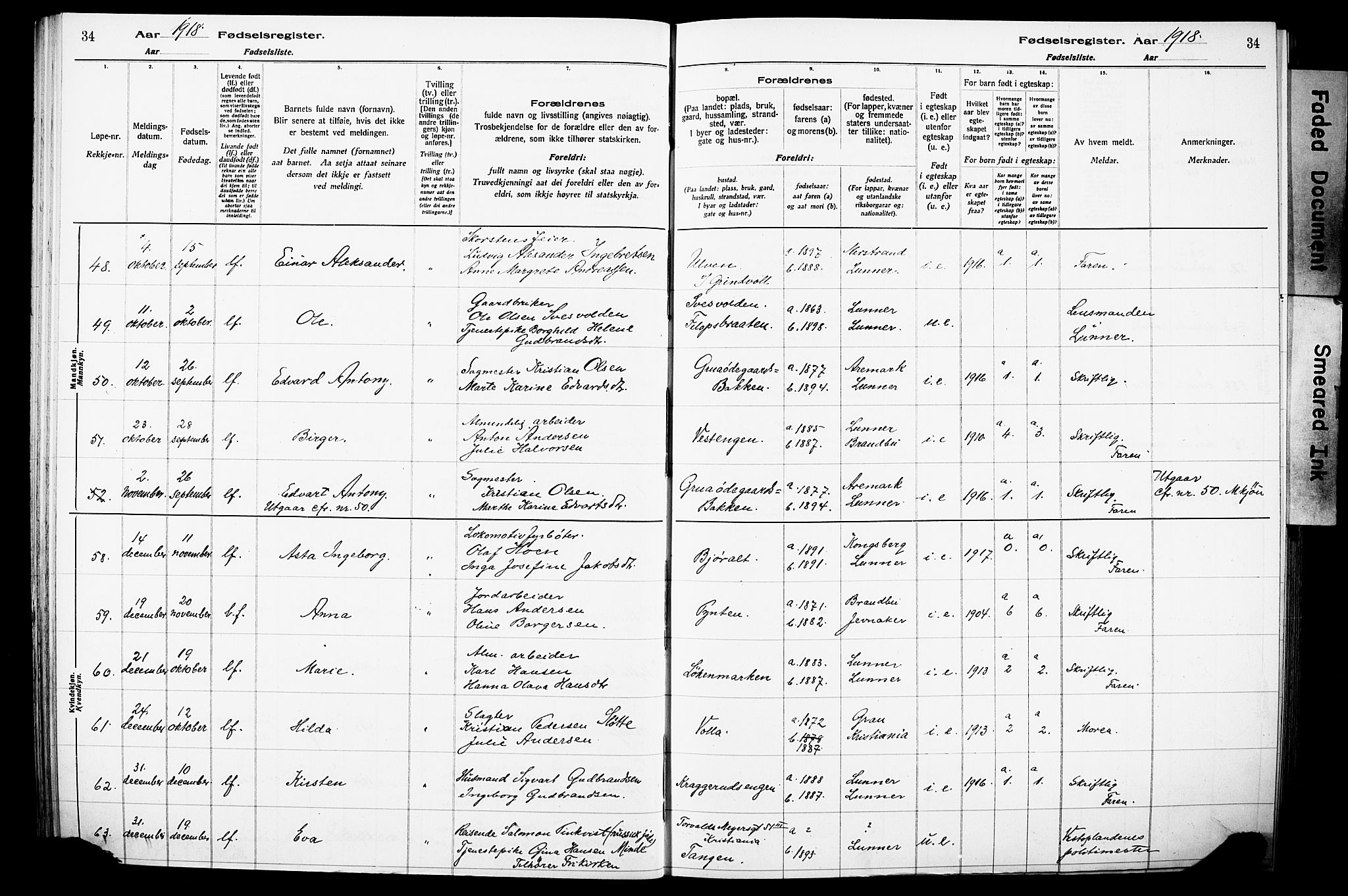 Lunner prestekontor, AV/SAH-PREST-118/I/Id/L0001: Fødselsregister nr. 1, 1916-1932, s. 34