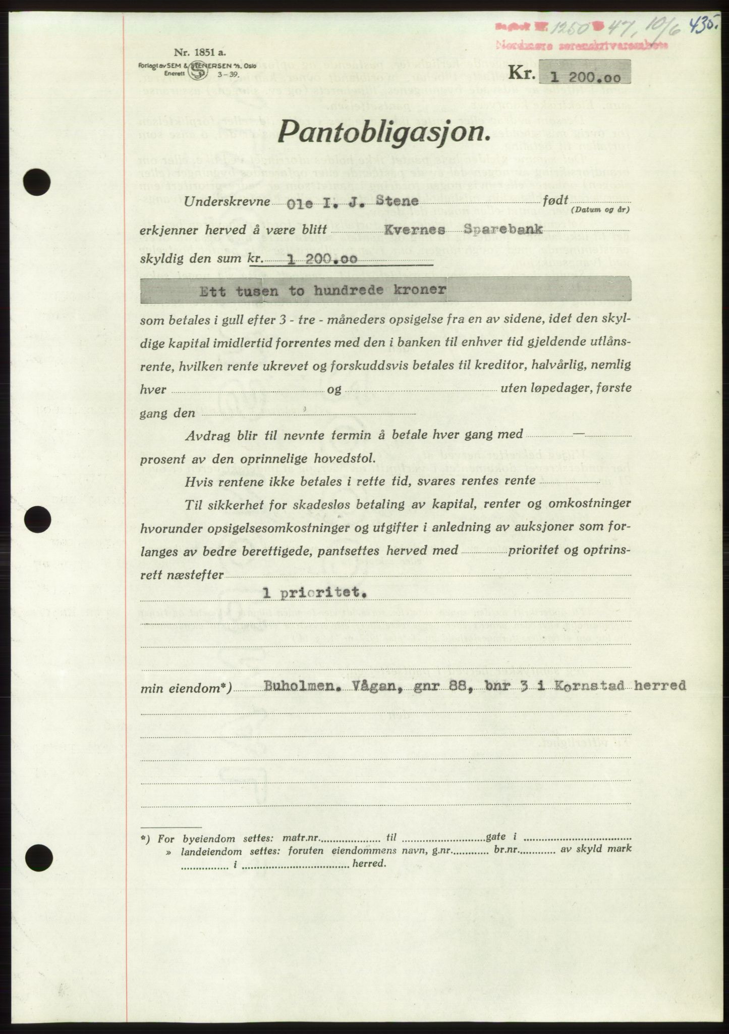 Nordmøre sorenskriveri, SAT/A-4132/1/2/2Ca: Pantebok nr. B96, 1947-1947, Dagboknr: 1250/1947