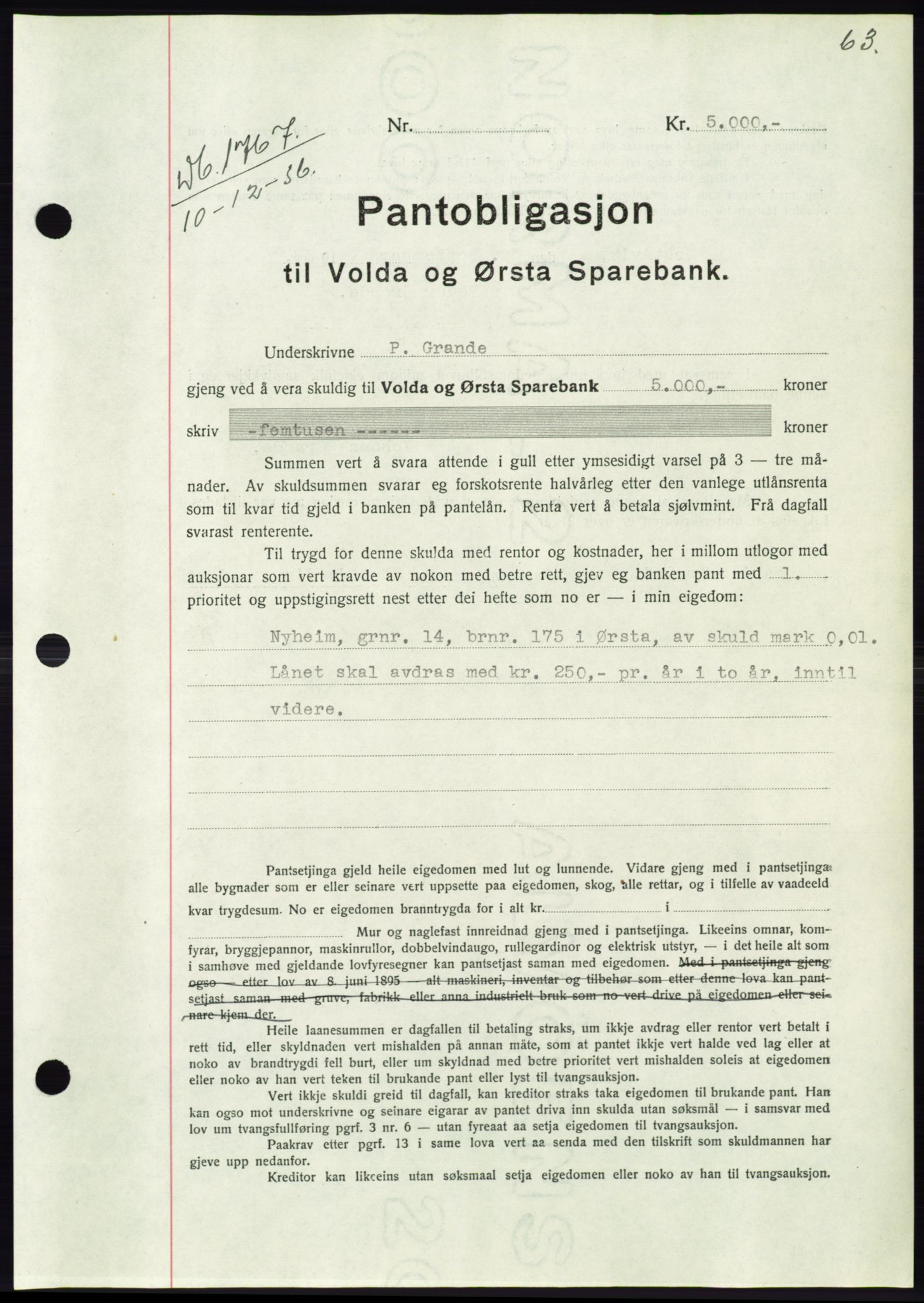 Søre Sunnmøre sorenskriveri, AV/SAT-A-4122/1/2/2C/L0062: Pantebok nr. 56, 1936-1937, Dagboknr: 1767/1936