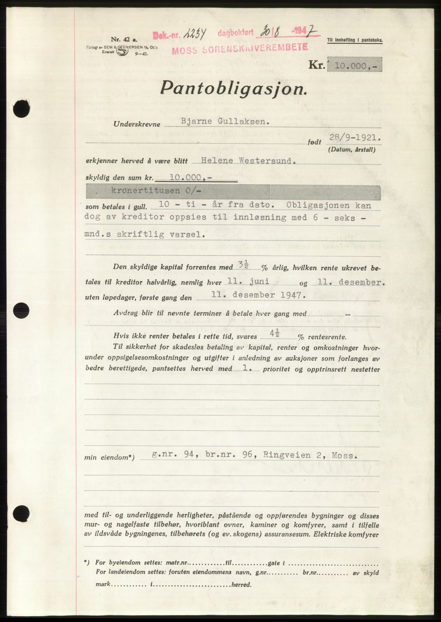 Moss sorenskriveri, AV/SAO-A-10168: Pantebok nr. B18, 1947-1948, Dagboknr: 2234/1947