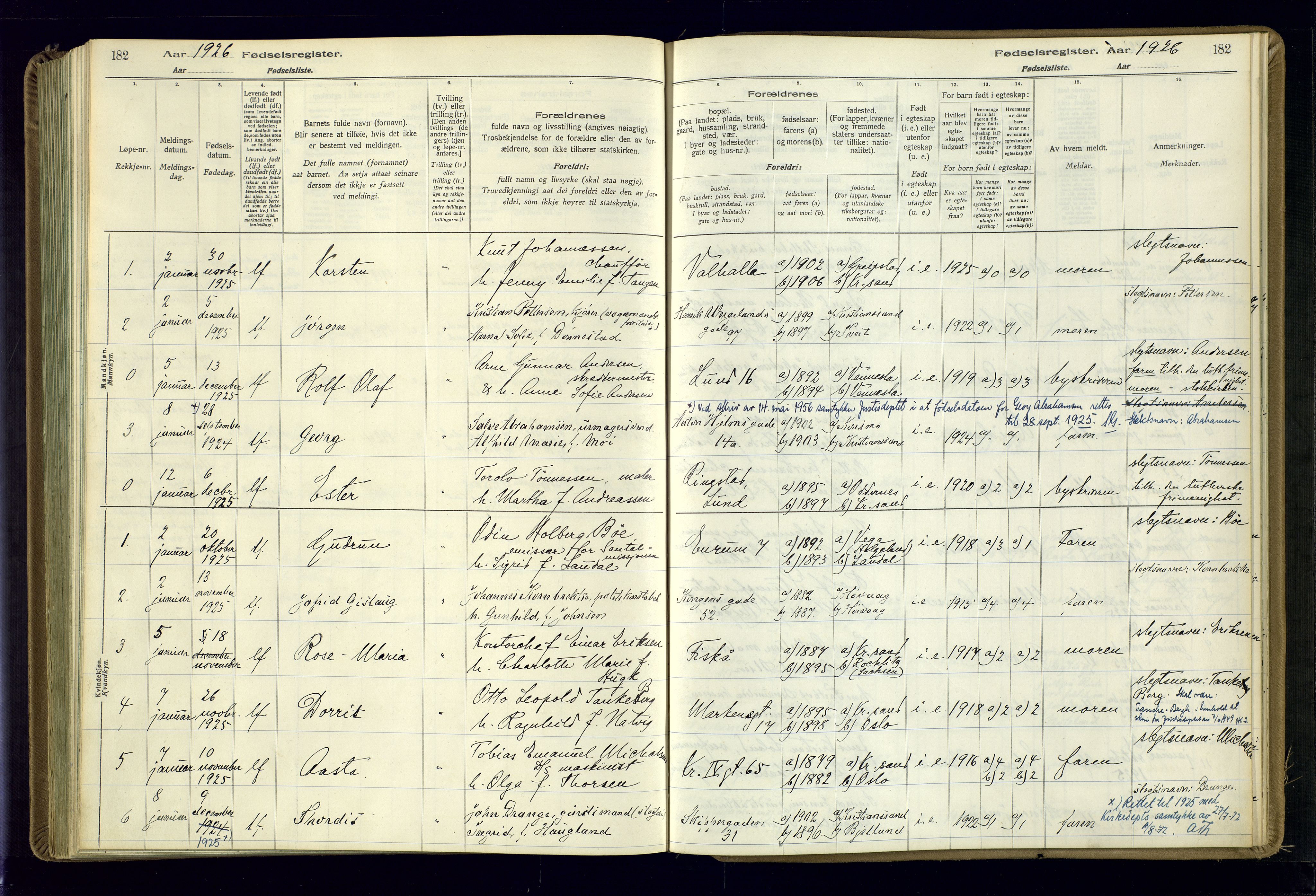 Kristiansand domprosti, AV/SAK-1112-0006/J/Jc/L0002: Fødselsregister nr. A-VI-46, 1921-1926, s. 182