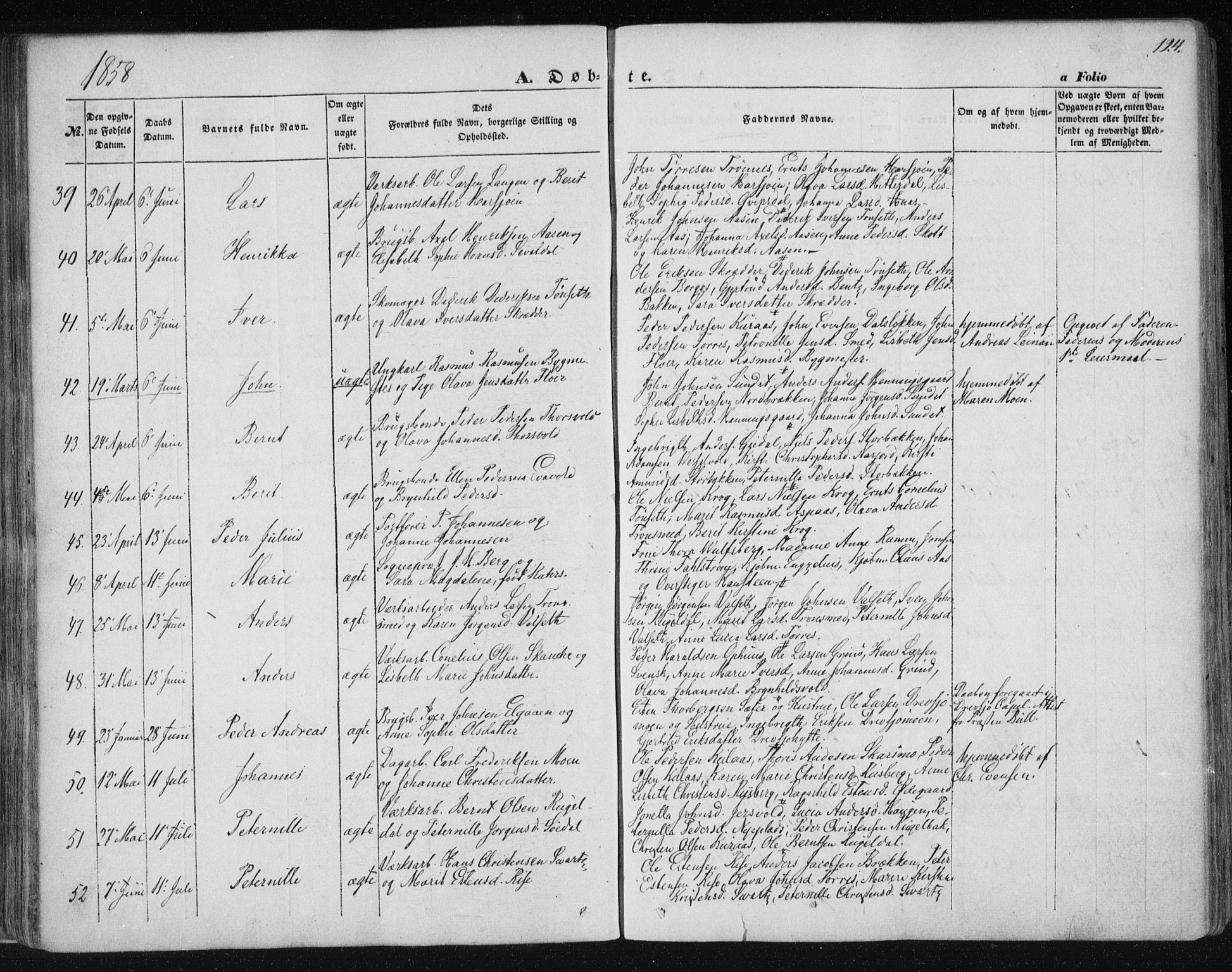 Ministerialprotokoller, klokkerbøker og fødselsregistre - Sør-Trøndelag, SAT/A-1456/681/L0931: Ministerialbok nr. 681A09, 1845-1859, s. 124