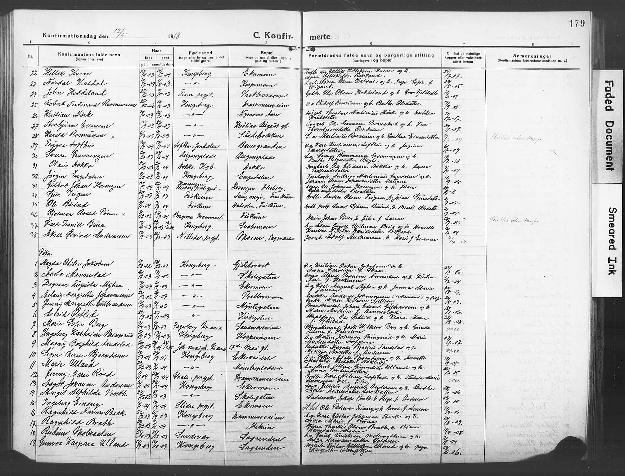 Kongsberg kirkebøker, AV/SAKO-A-22/G/Ga/L0008: Klokkerbok nr. 8, 1915-1932, s. 179