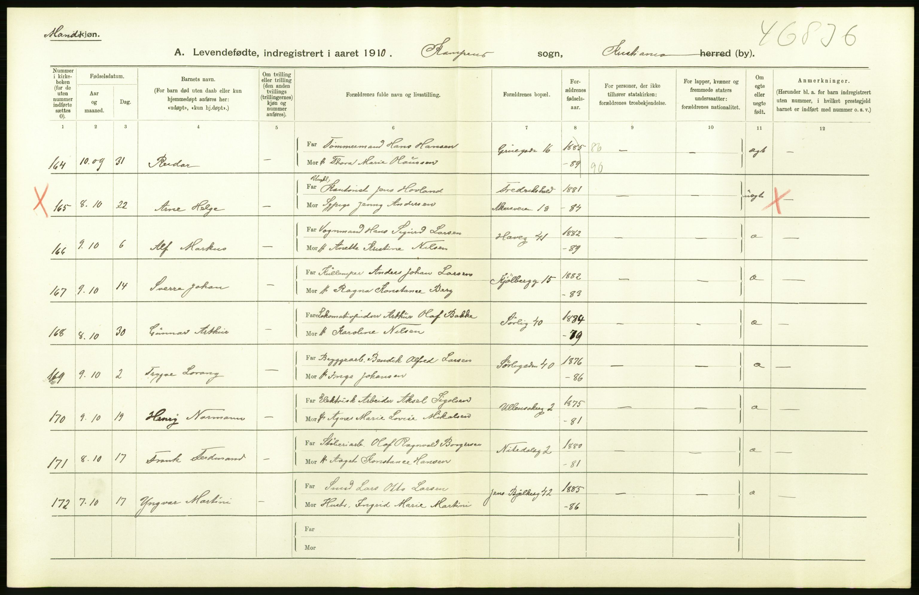 Statistisk sentralbyrå, Sosiodemografiske emner, Befolkning, AV/RA-S-2228/D/Df/Dfa/Dfah/L0006: Kristiania: Levendefødte menn., 1910, s. 322