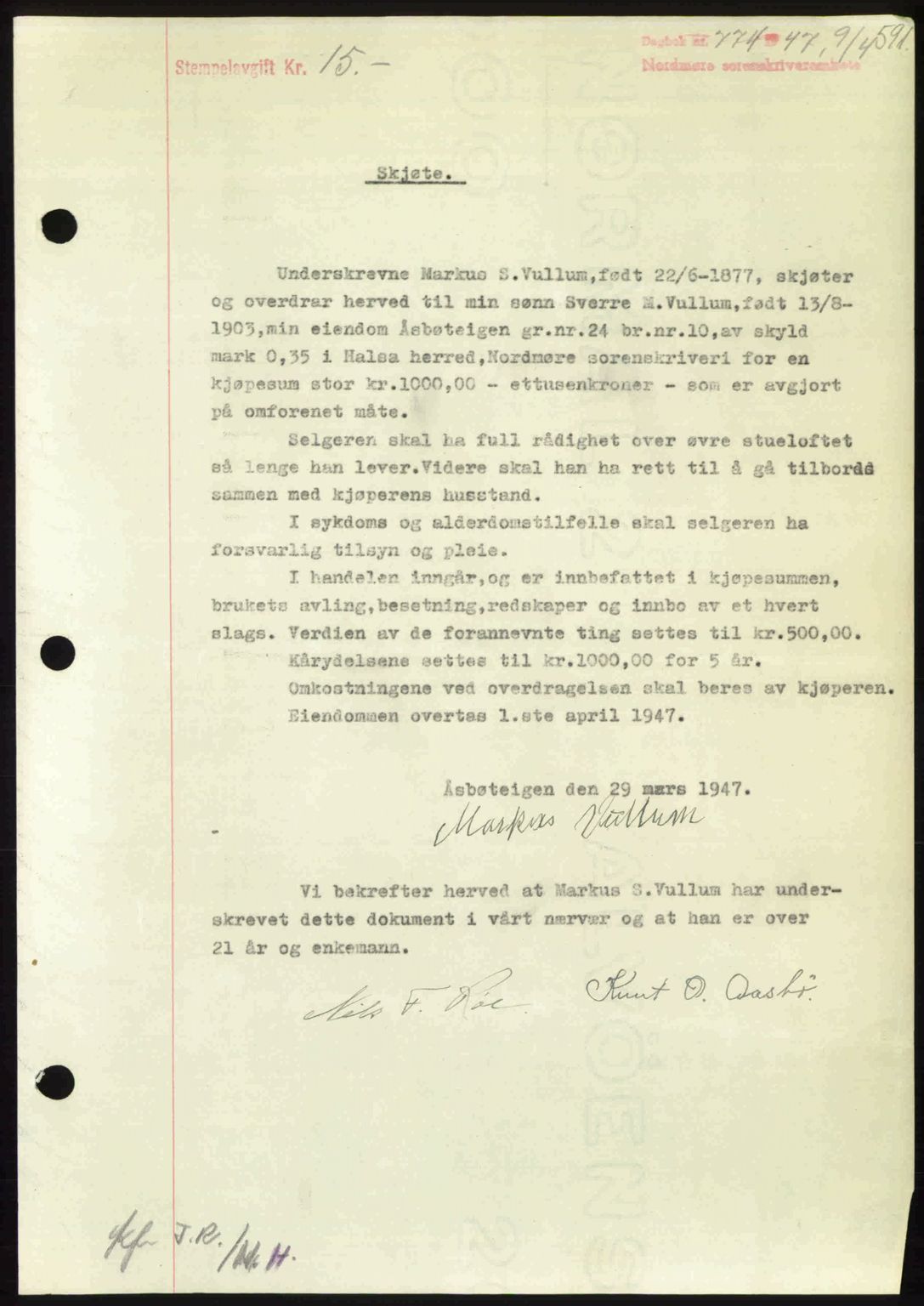 Nordmøre sorenskriveri, SAT/A-4132/1/2/2Ca: Pantebok nr. A104, 1947-1947, Dagboknr: 774/1947