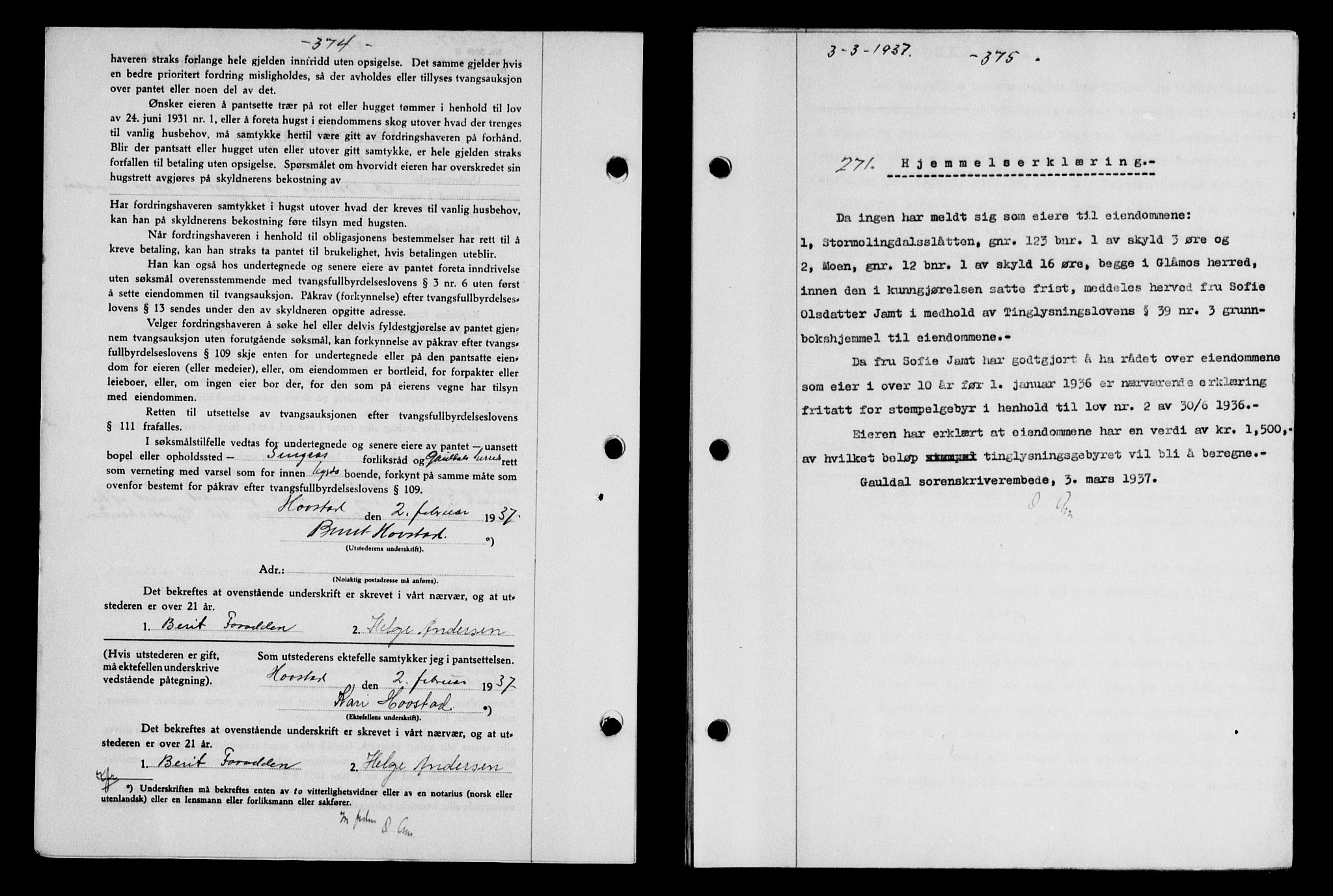 Gauldal sorenskriveri, SAT/A-0014/1/2/2C/L0047: Pantebok nr. 50-51, 1937-1937, Dagboknr: 271/1937