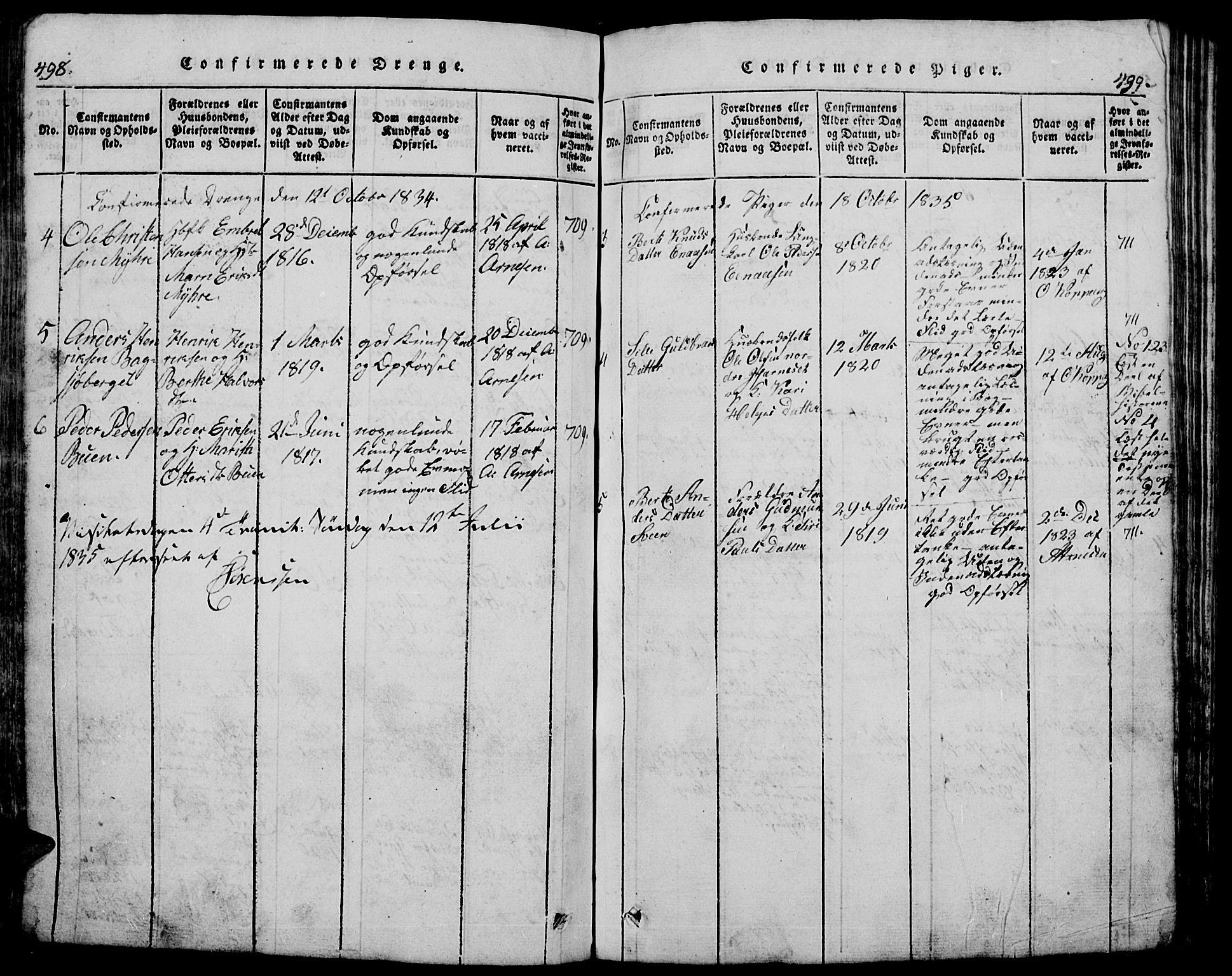 Trysil prestekontor, SAH/PREST-046/H/Ha/Hab/L0005: Klokkerbok nr. 5, 1814-1877, s. 498-499