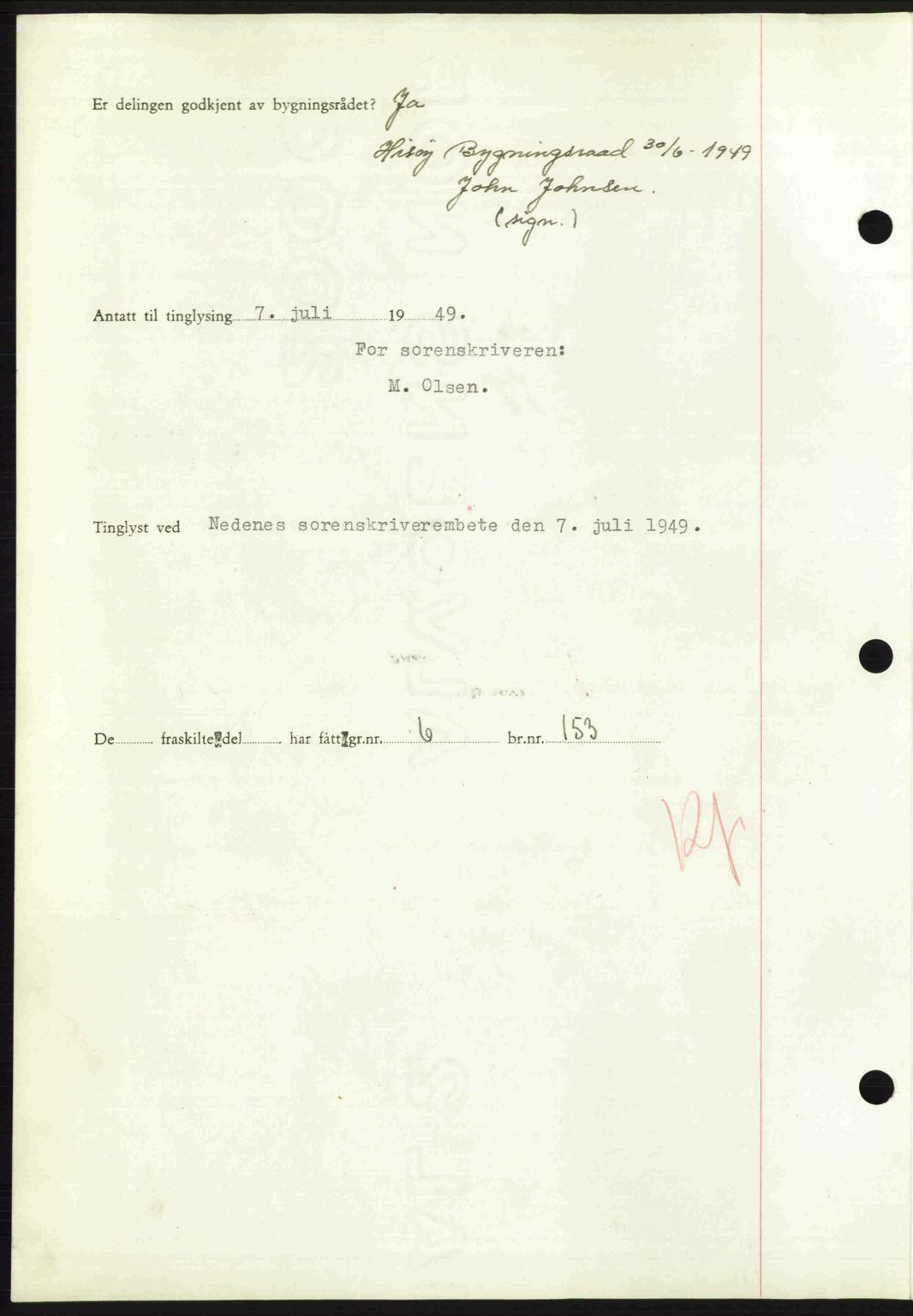 Nedenes sorenskriveri, AV/SAK-1221-0006/G/Gb/Gba/L0061: Pantebok nr. A13, 1949-1949, Dagboknr: 1049/1949