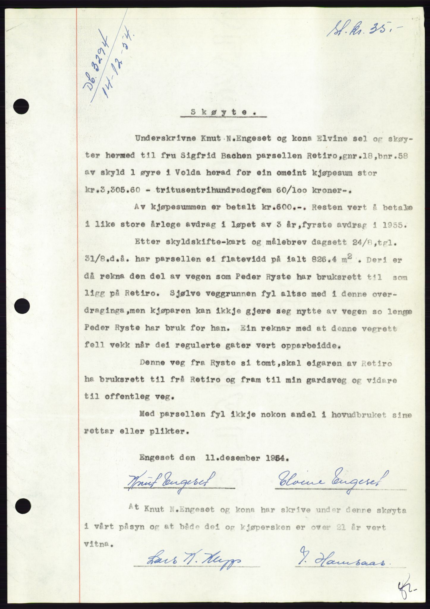 Søre Sunnmøre sorenskriveri, AV/SAT-A-4122/1/2/2C/L0099: Pantebok nr. 25A, 1954-1954, Dagboknr: 3294/1954