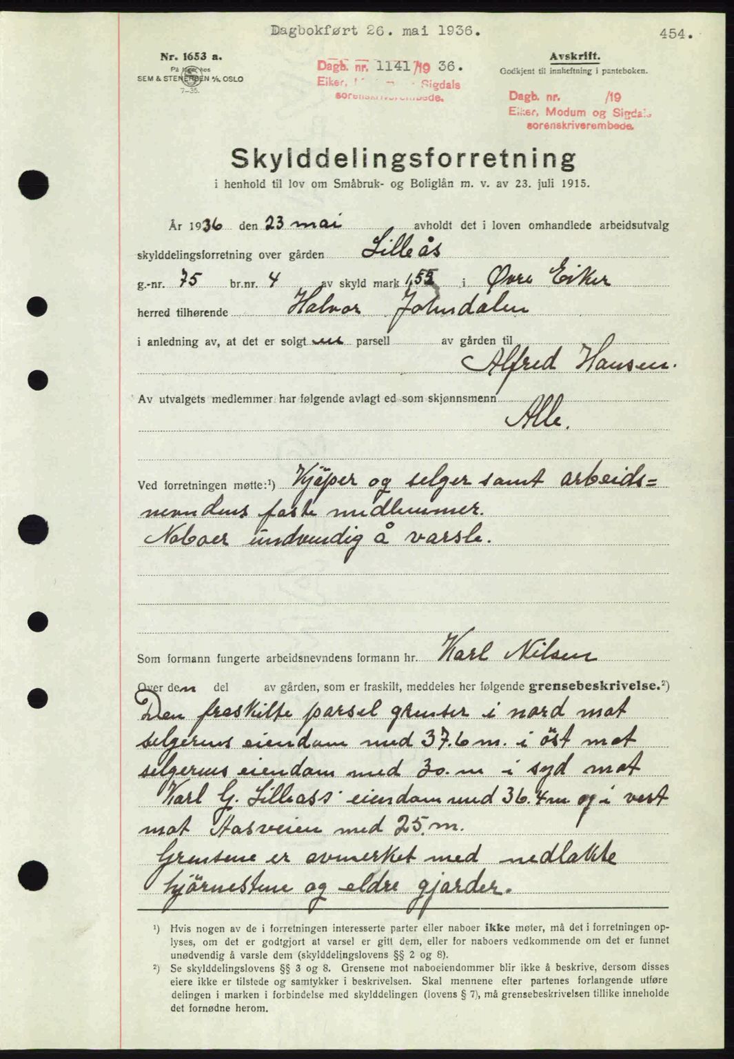 Eiker, Modum og Sigdal sorenskriveri, SAKO/A-123/G/Ga/Gab/L0032: Pantebok nr. A2, 1936-1936, Dagboknr: 1141/1936