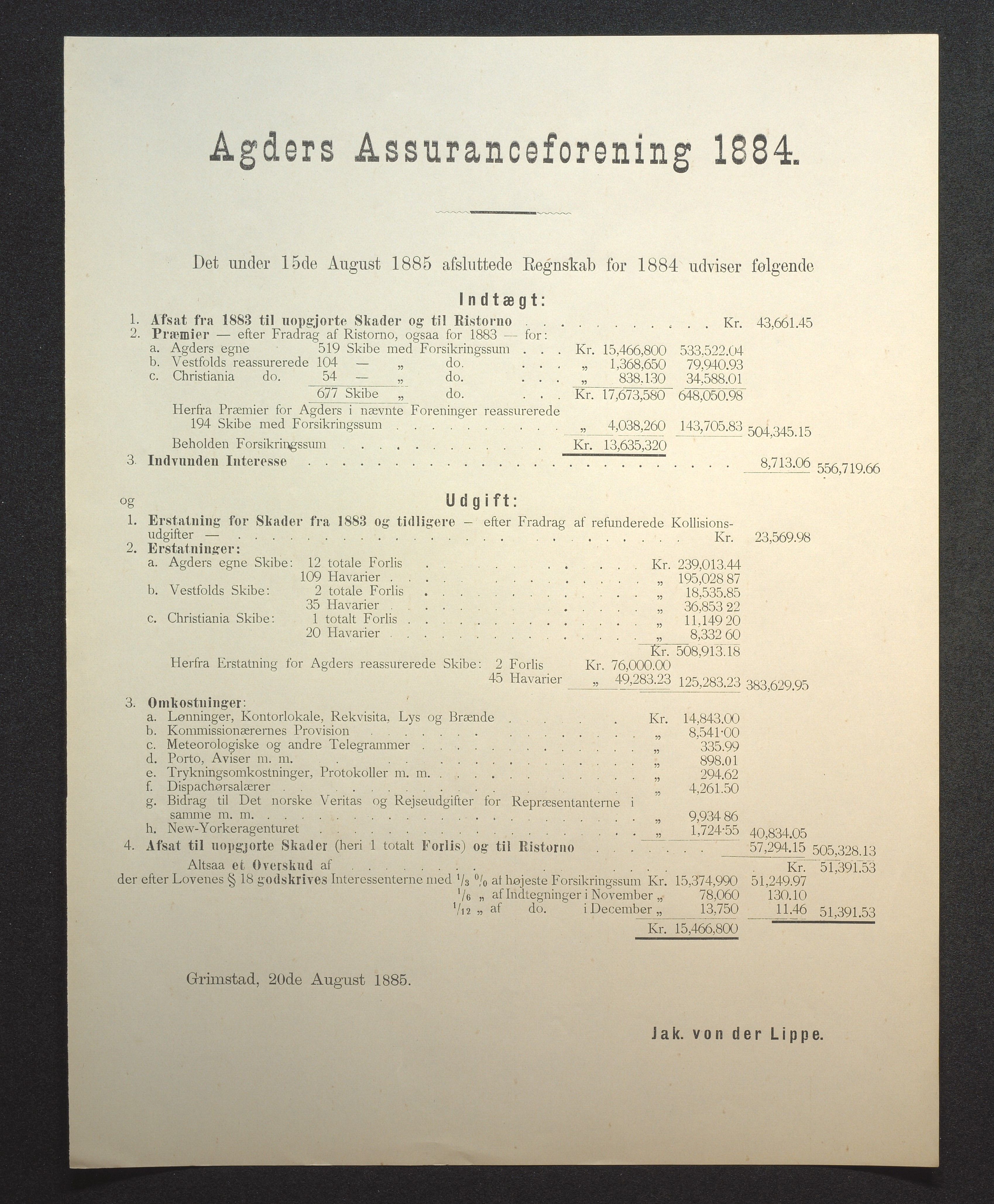 Agders Gjensidige Assuranceforening, AAKS/PA-1718/05/L0002: Regnskap, seilavdeling, pakkesak, 1881-1889