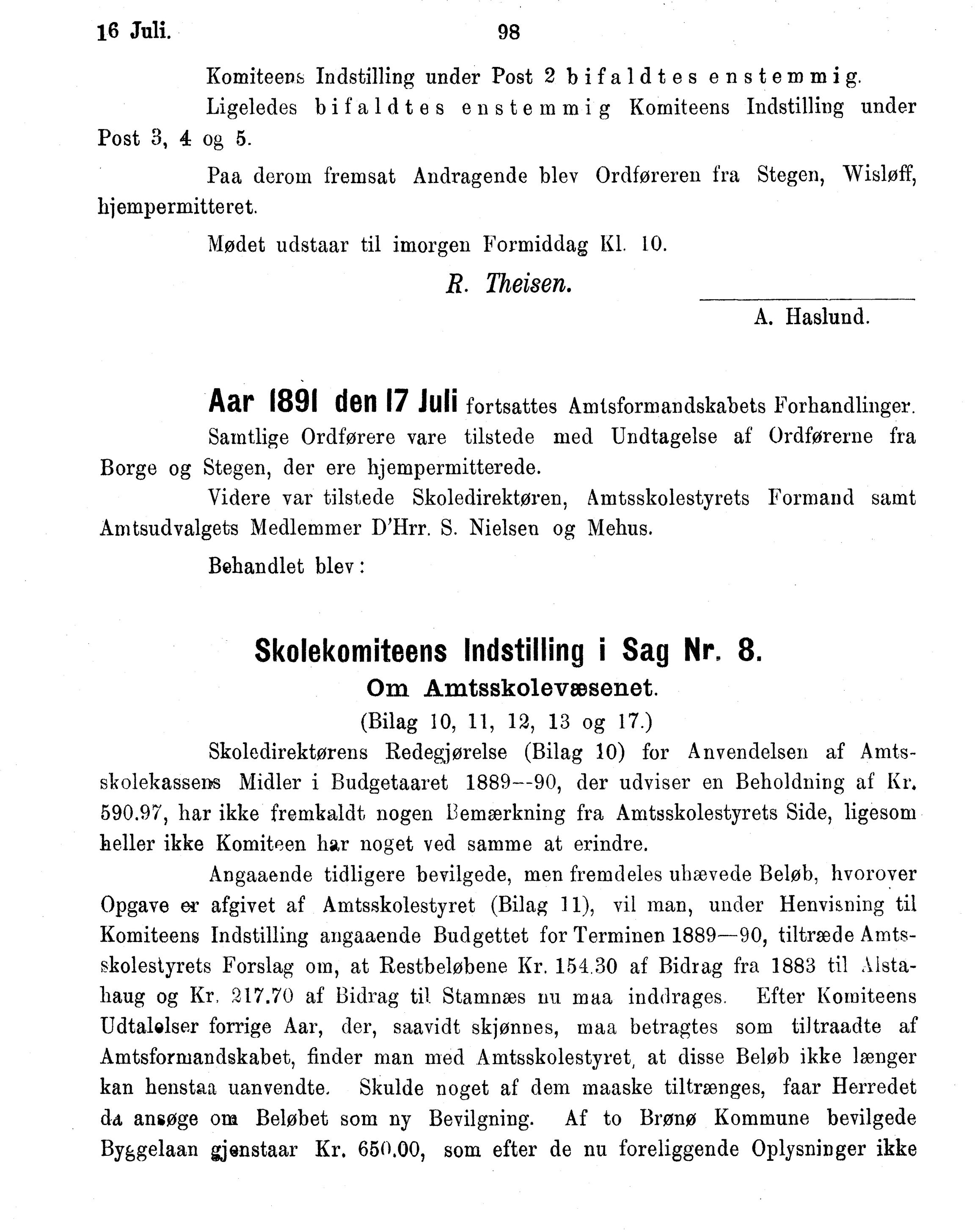 Nordland Fylkeskommune. Fylkestinget, AIN/NFK-17/176/A/Ac/L0016: Fylkestingsforhandlinger 1891-1893, 1891-1893, s. 98