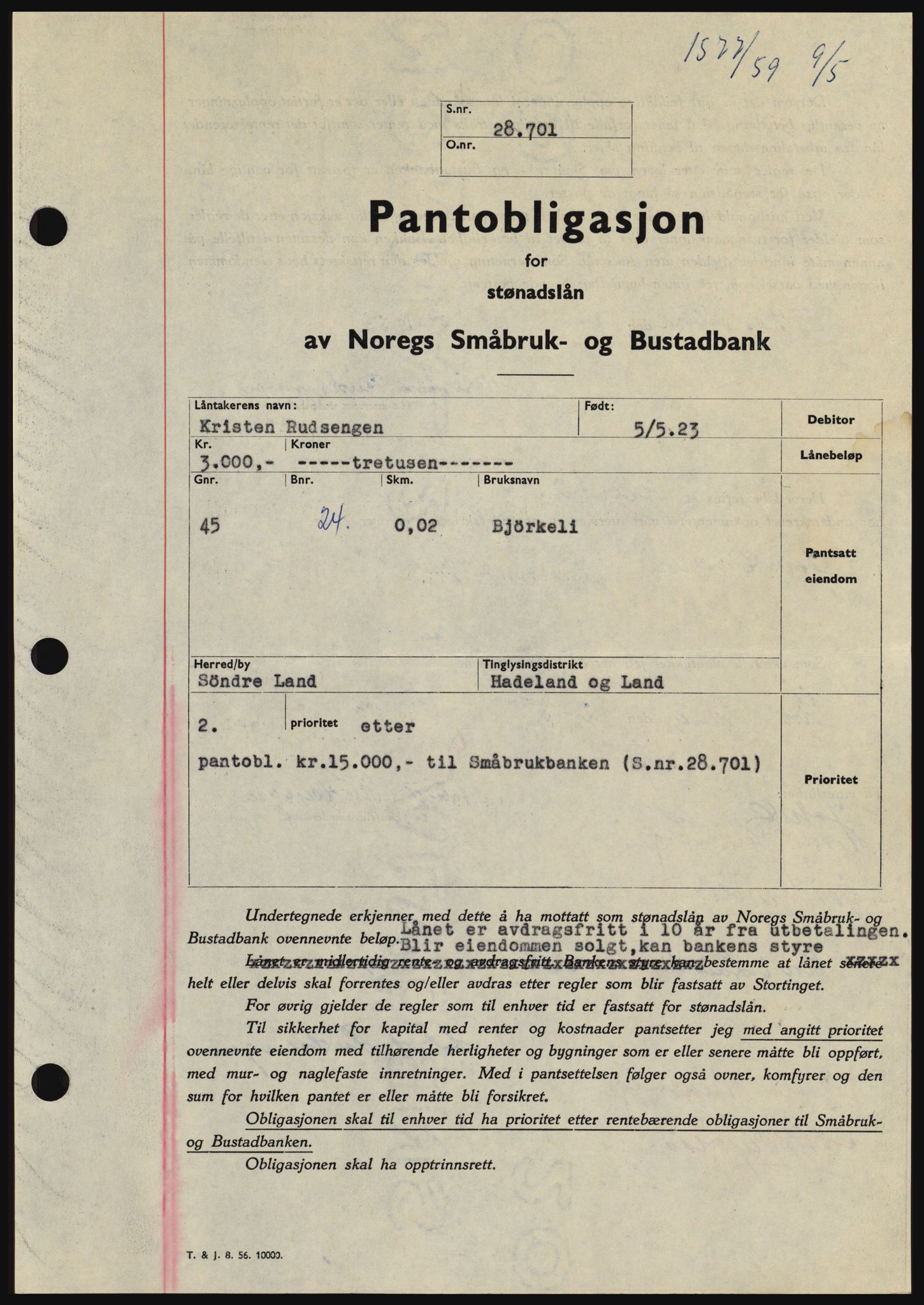 Hadeland og Land tingrett, SAH/TING-010/H/Hb/Hbc/L0040: Pantebok nr. B40, 1959-1959, Dagboknr: 1577/1959