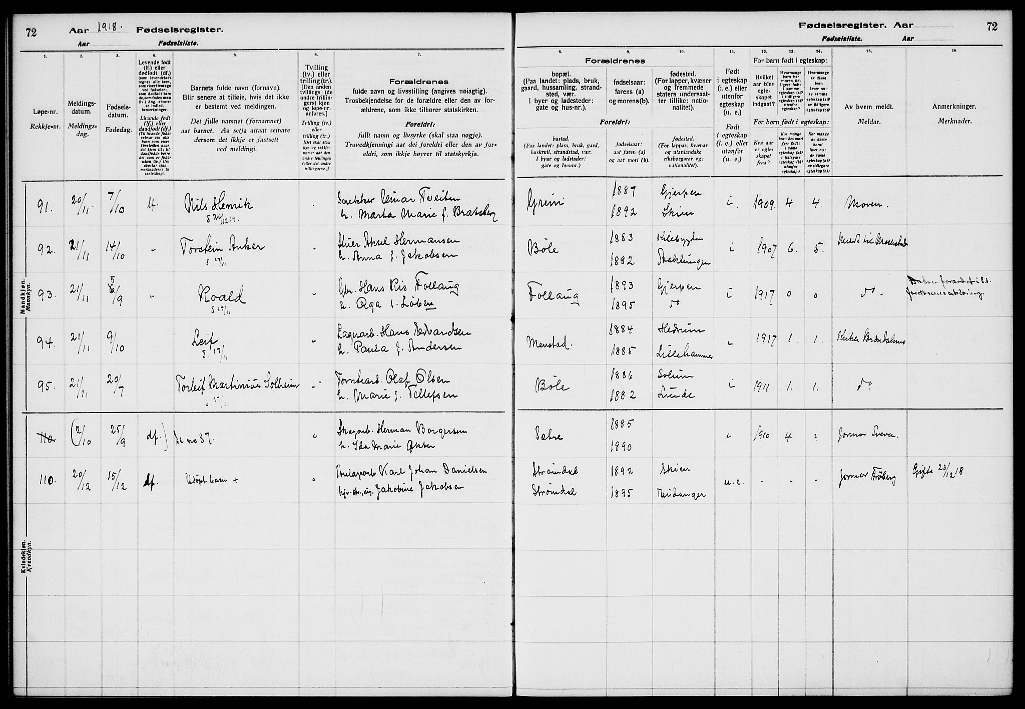 Gjerpen kirkebøker, SAKO/A-265/J/Ja/L0001: Fødselsregister nr. 1, 1916-1926, s. 72