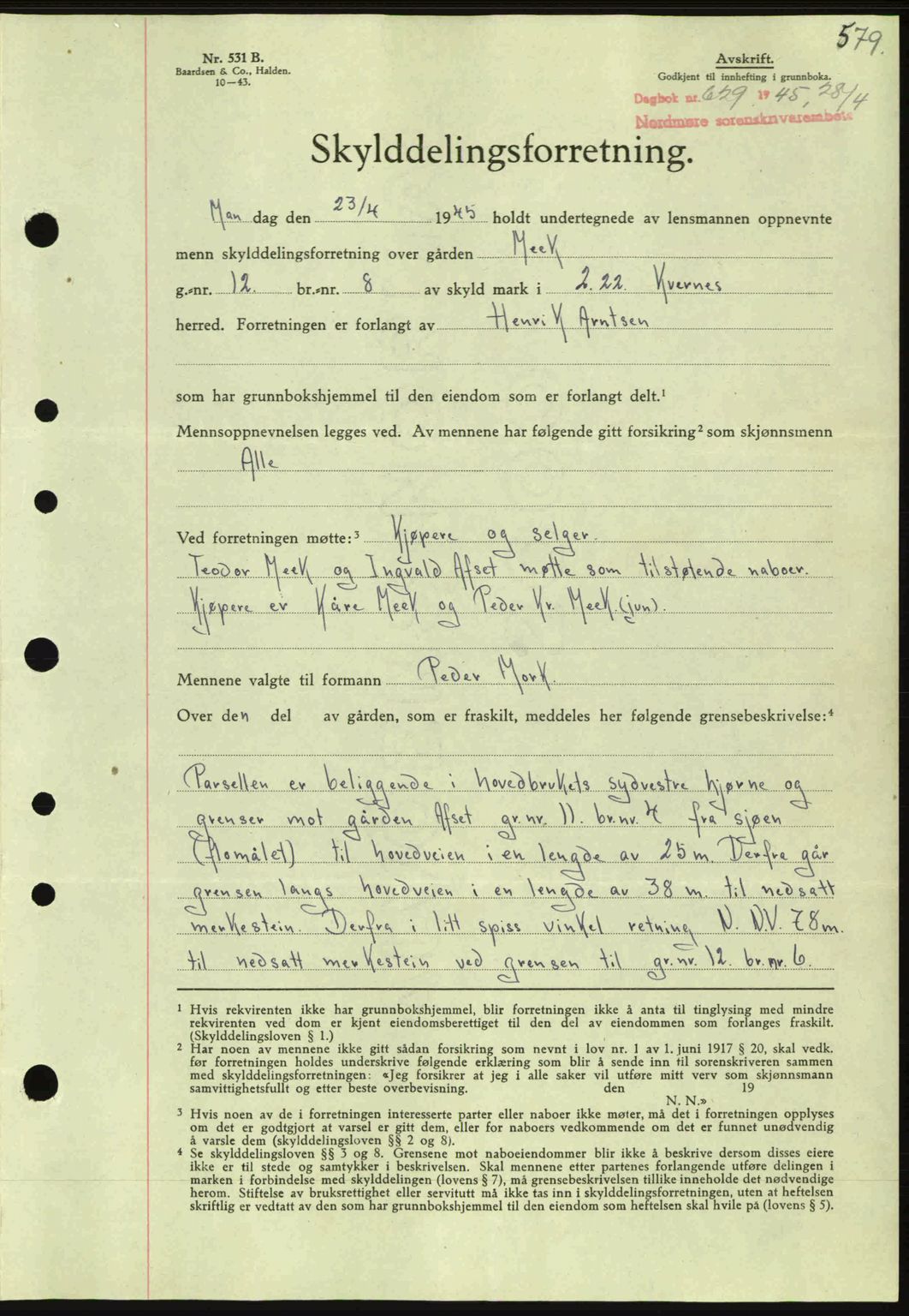 Nordmøre sorenskriveri, SAT/A-4132/1/2/2Ca: Pantebok nr. A99, 1945-1945, Dagboknr: 629/1945