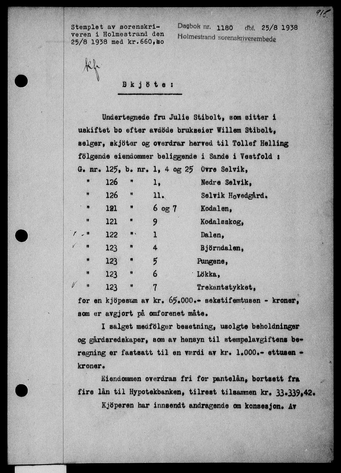 Holmestrand sorenskriveri, SAKO/A-67/G/Ga/Gaa/L0049: Pantebok nr. A-49, 1937-1938, Dagboknr: 1180/1938