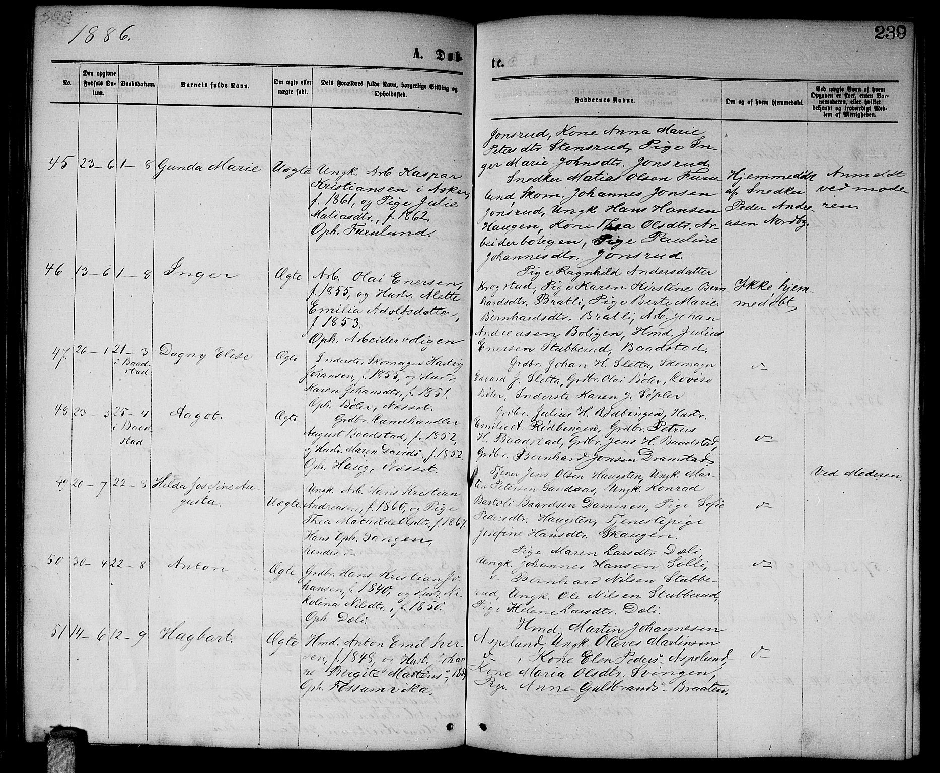 Enebakk prestekontor Kirkebøker, AV/SAO-A-10171c/G/Ga/L0005: Klokkerbok nr. I 5, 1867-1888, s. 239