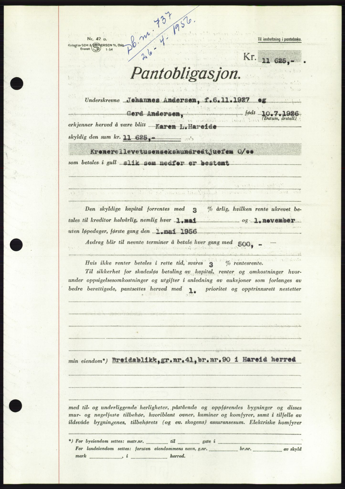Søre Sunnmøre sorenskriveri, SAT/A-4122/1/2/2C/L0128: Pantebok nr. 16B, 1956-1956, Dagboknr: 737/1956