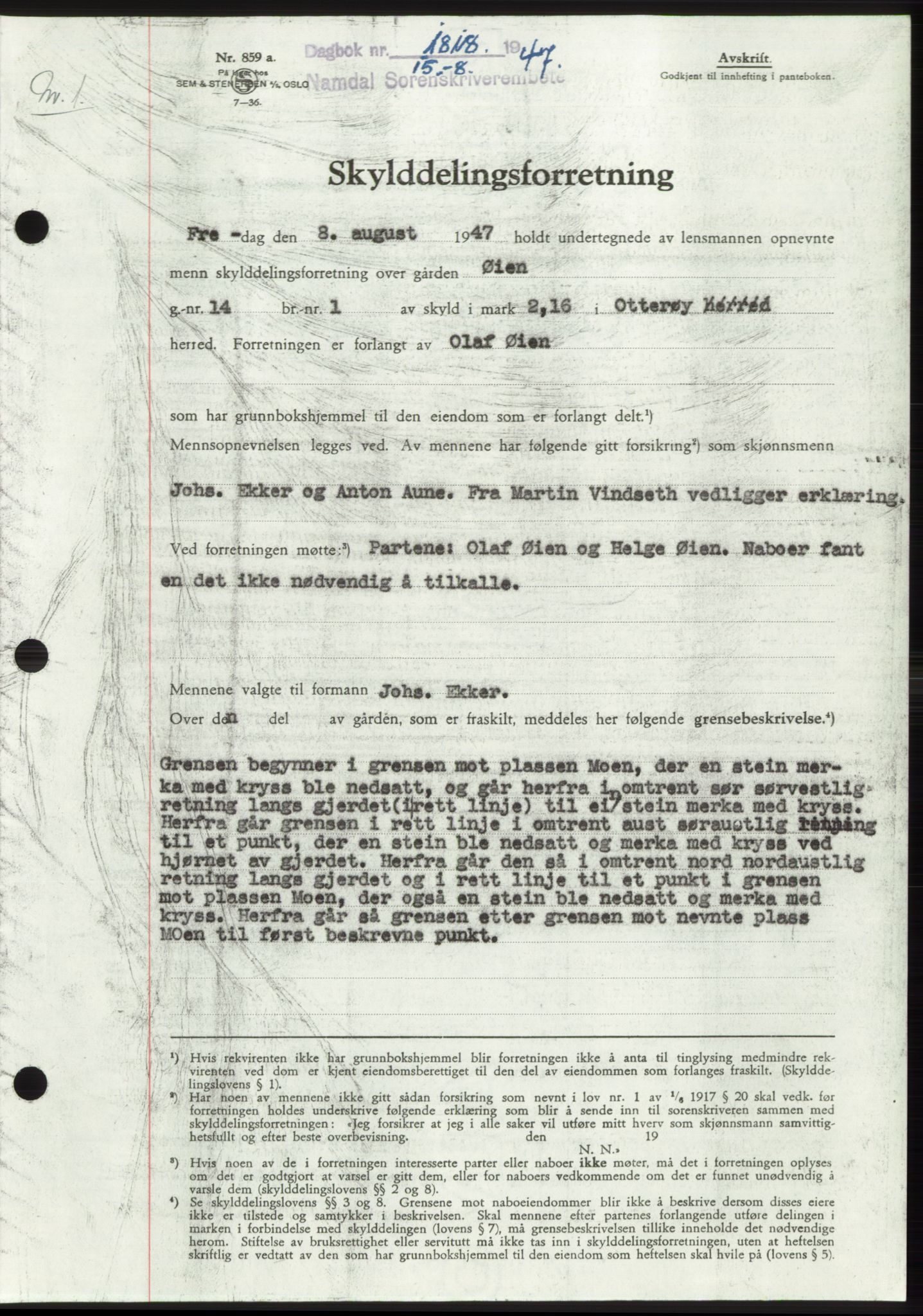 Namdal sorenskriveri, SAT/A-4133/1/2/2C: Pantebok nr. -, 1947-1947, Dagboknr: 1818/1947