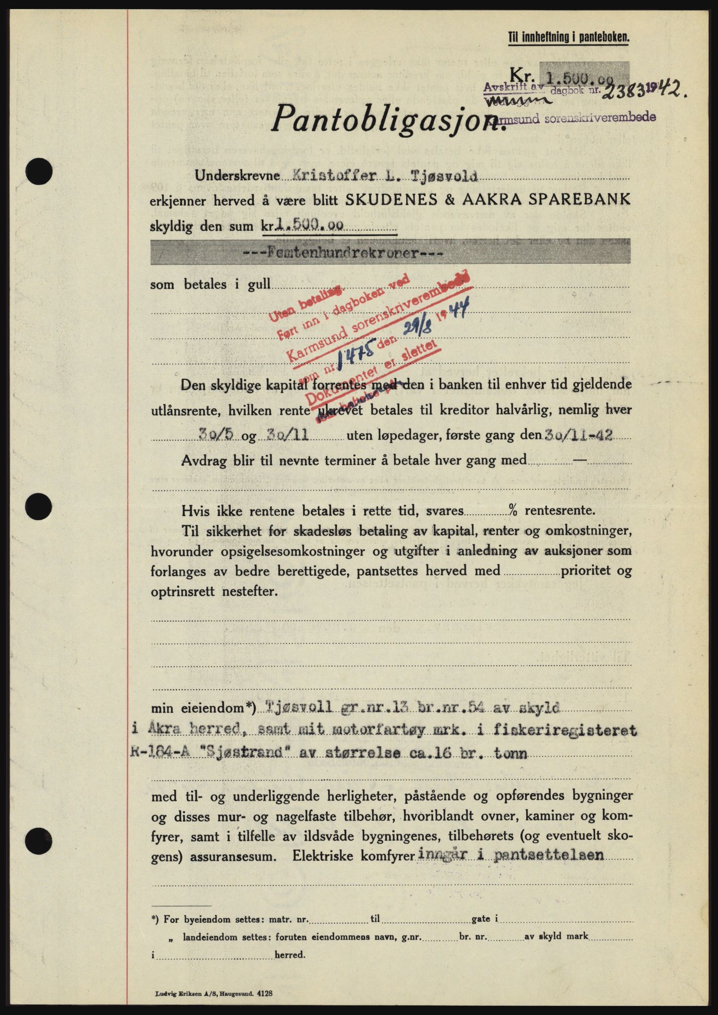 Karmsund sorenskriveri, SAST/A-100311/01/II/IIBBE/L0008: Pantebok nr. B 54, 1942-1943, Dagboknr: 2383/1942