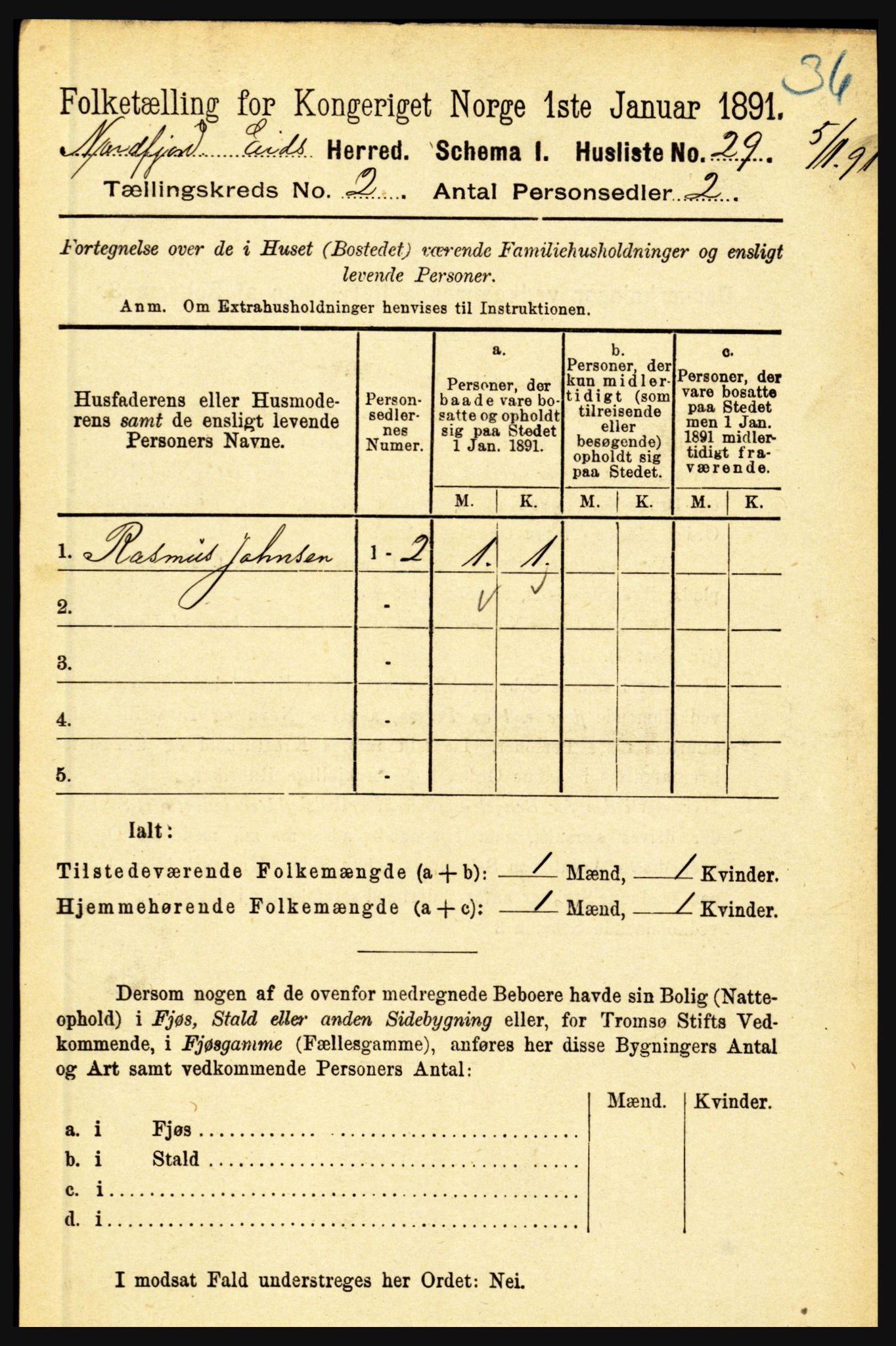 RA, Folketelling 1891 for 1443 Eid herred, 1891, s. 307