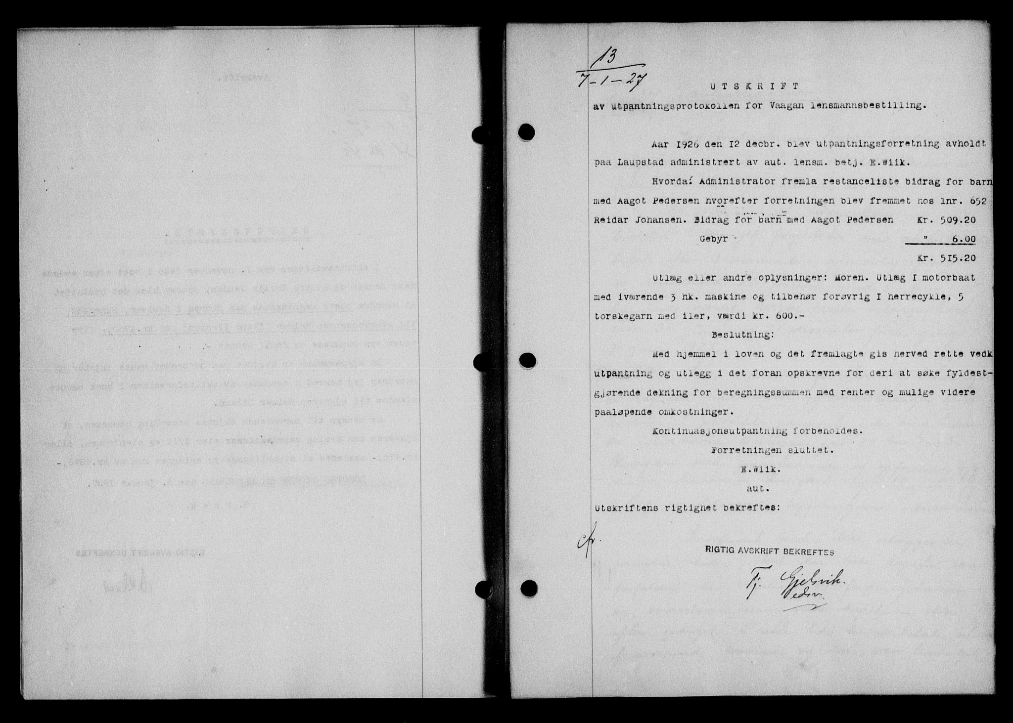 Lofoten sorenskriveri, SAT/A-0017/1/2/2C/L0015b: Pantebok nr. 15b, 1927-1927, Tingl.dato: 07.01.1927