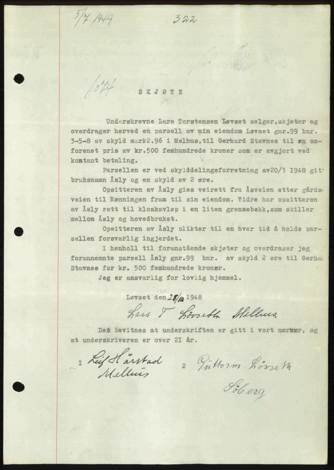 Gauldal sorenskriveri, SAT/A-0014/1/2/2C: Pantebok nr. A8, 1949-1949, Dagboknr: 1074/1949