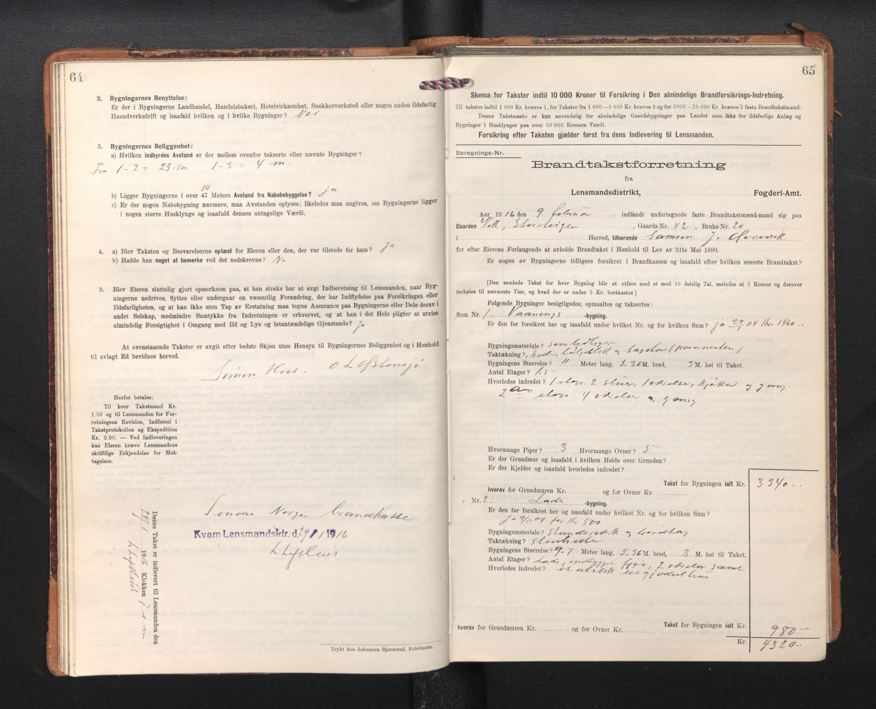 Lensmannen i Kvam, SAB/A-33201/0012/L0006: Branntakstprotokoll, skjematakst, 1913-1955, s. 64-65