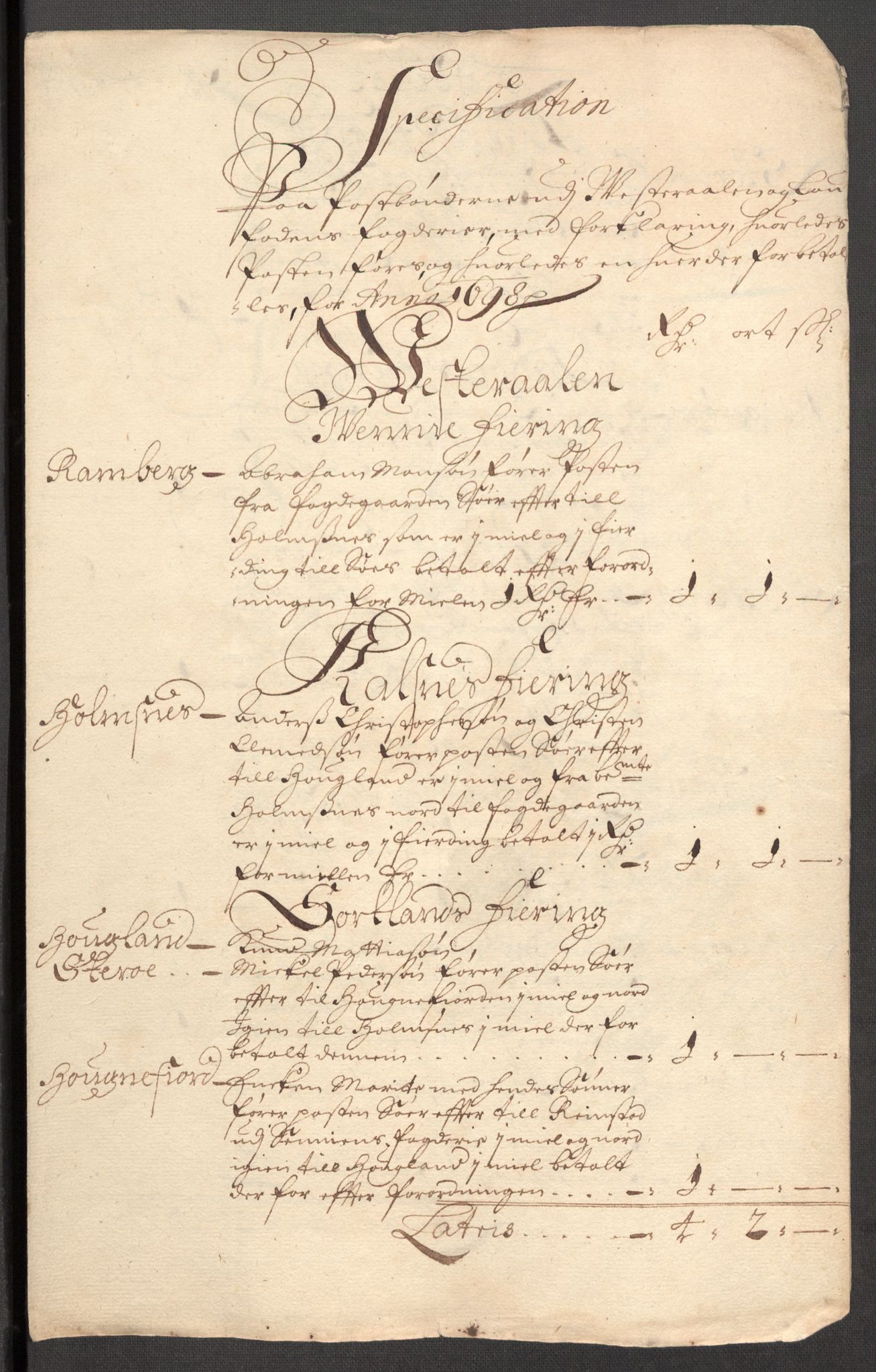 Rentekammeret inntil 1814, Reviderte regnskaper, Fogderegnskap, RA/EA-4092/R67/L4678: Fogderegnskap Vesterålen, Andenes og Lofoten, 1696-1708, s. 257