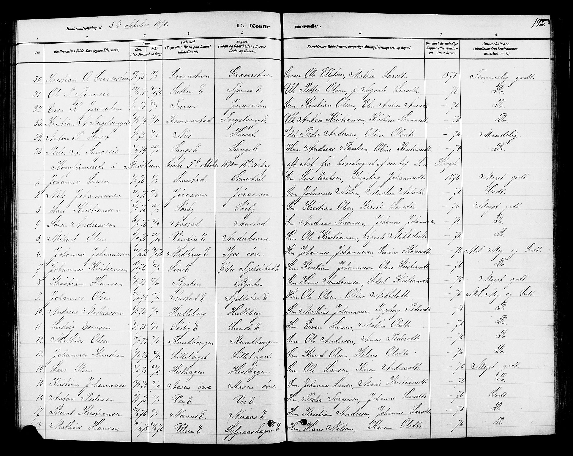 Ringsaker prestekontor, AV/SAH-PREST-014/L/La/L0009: Klokkerbok nr. 9, 1879-1890, s. 192