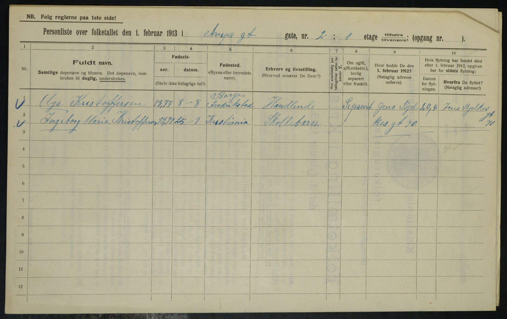 OBA, Kommunal folketelling 1.2.1913 for Kristiania, 1913, s. 2071