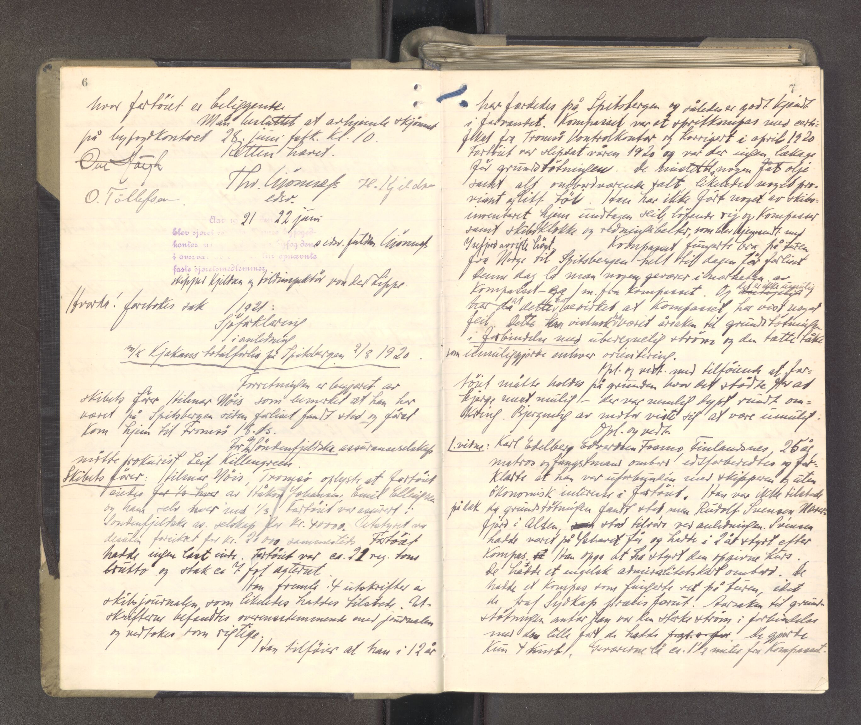 Tromsø byfogd/byrett, AV/SATØ-SATØ-0063/1/F/Fd/L0093: Sjørettsprotokoll, 1921-1923, s. 6-7