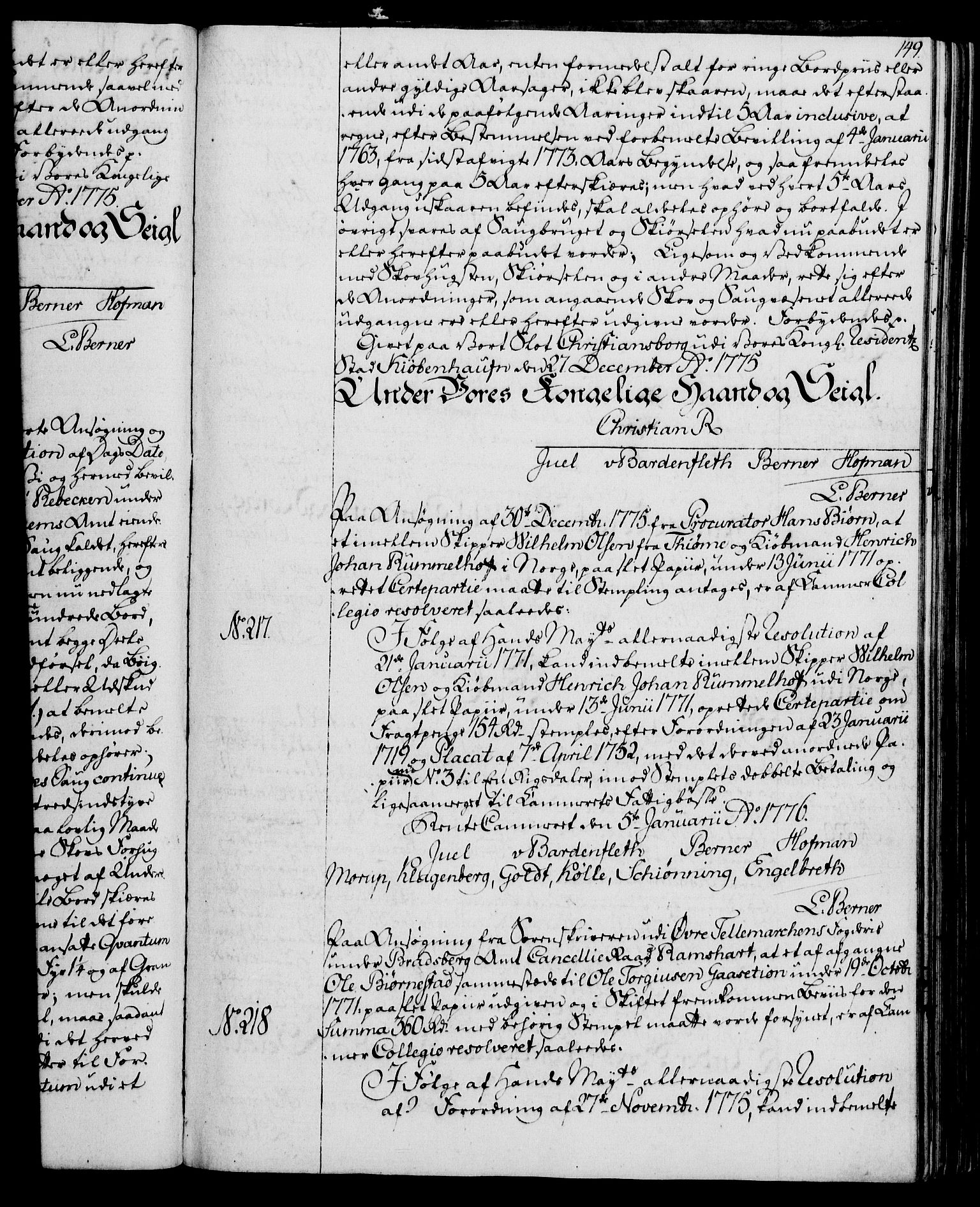 Rentekammeret, Kammerkanselliet, RA/EA-3111/G/Gg/Gga/L0010: Norsk ekspedisjonsprotokoll med register (merket RK 53.10), 1773-1778, s. 149