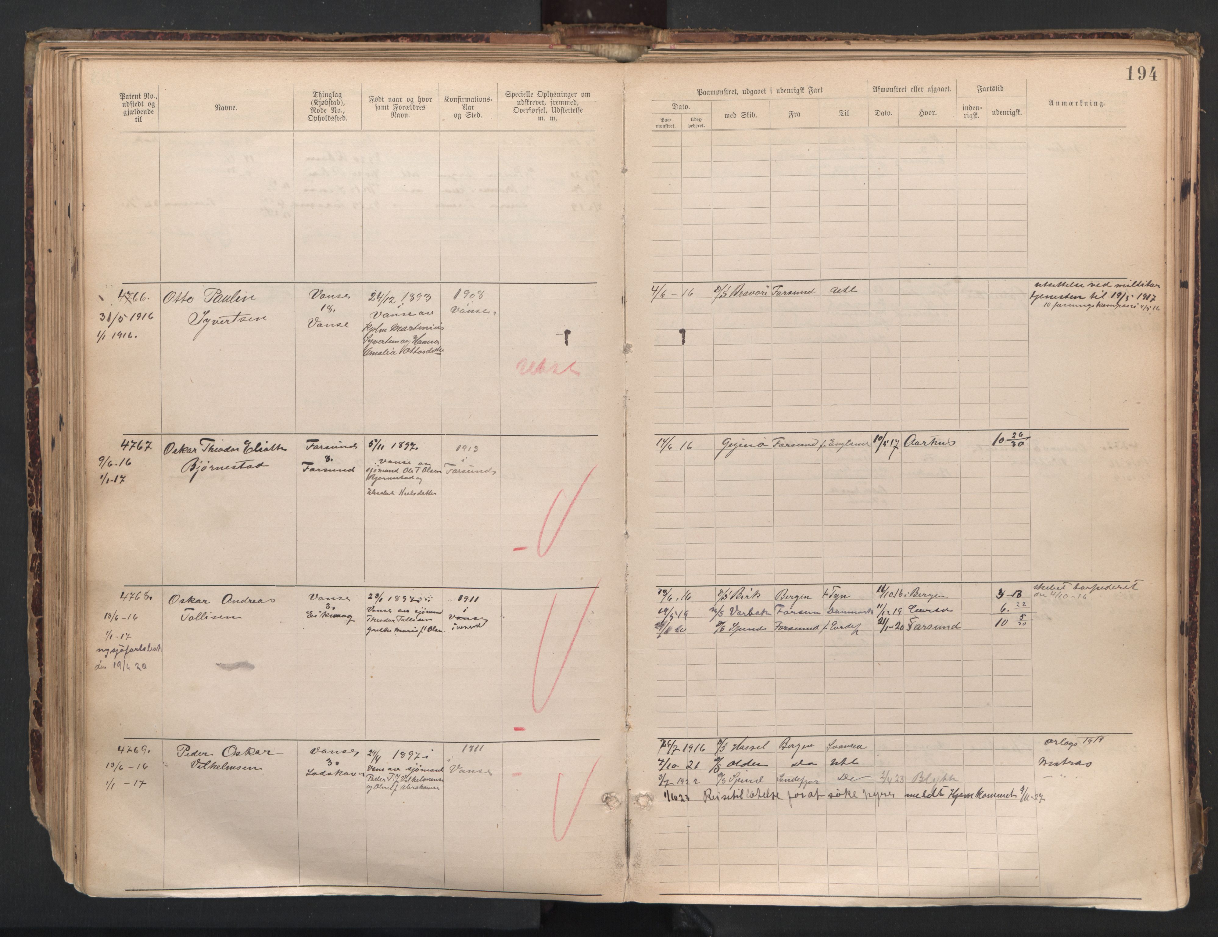 Farsund mønstringskrets, AV/SAK-2031-0017/F/Fa/L0007: Annotasjonsrulle nr 3806-5294 med register, Z-4, 1894-1934, s. 227