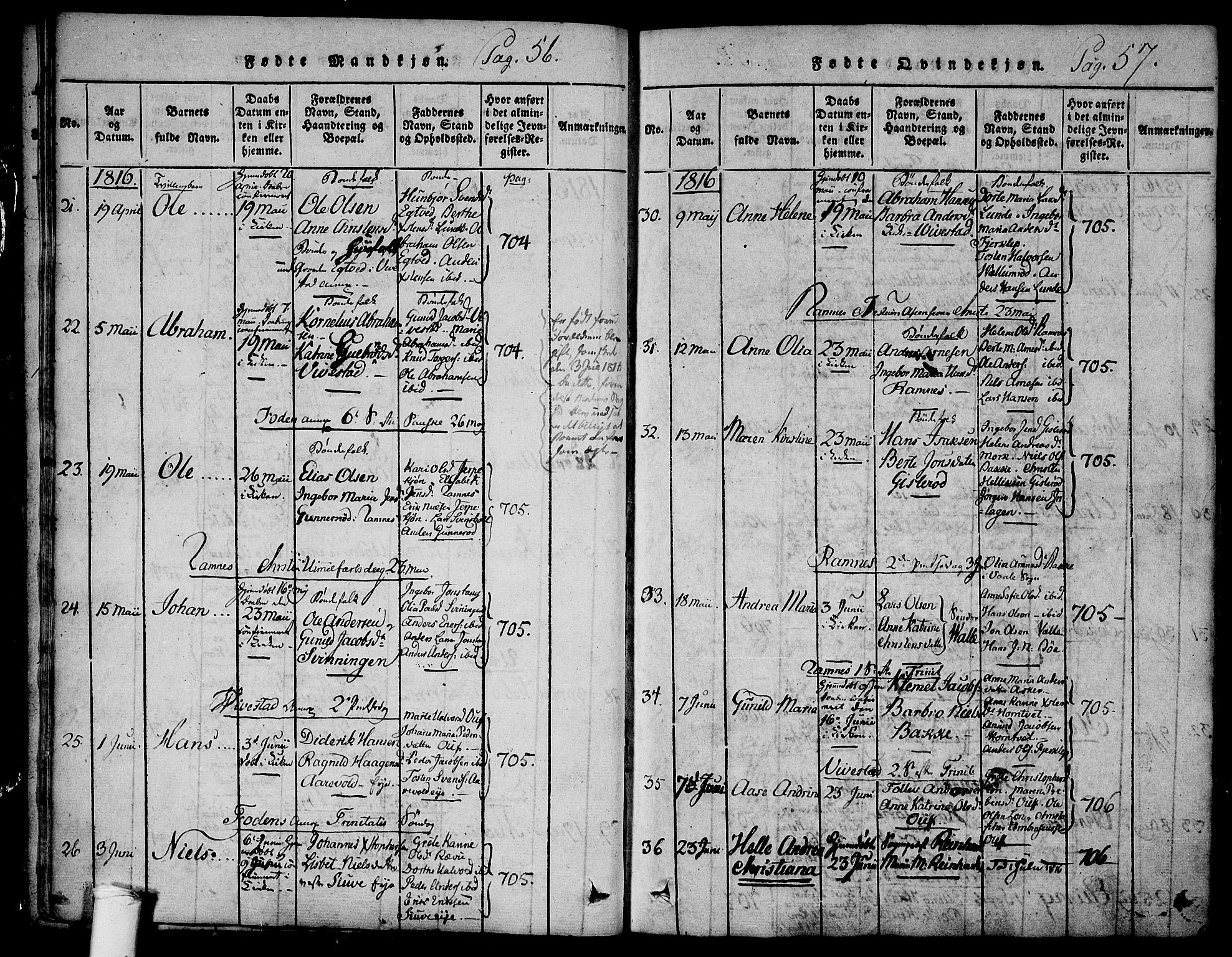 Ramnes kirkebøker, SAKO/A-314/F/Fa/L0004: Ministerialbok nr. I 4, 1813-1840, s. 56-57