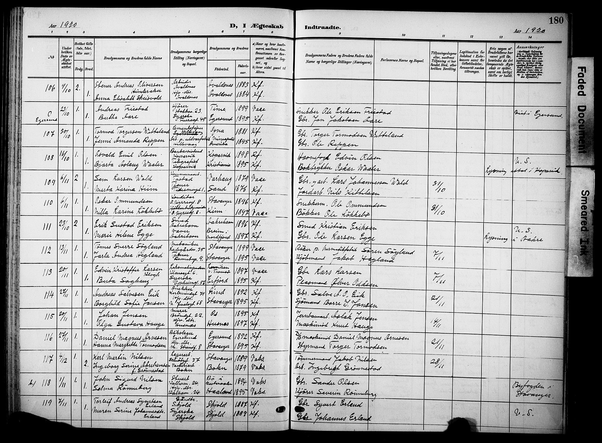 Domkirken sokneprestkontor, AV/SAST-A-101812/001/30/30BB/L0017: Klokkerbok nr. B 17, 1902-1921, s. 180