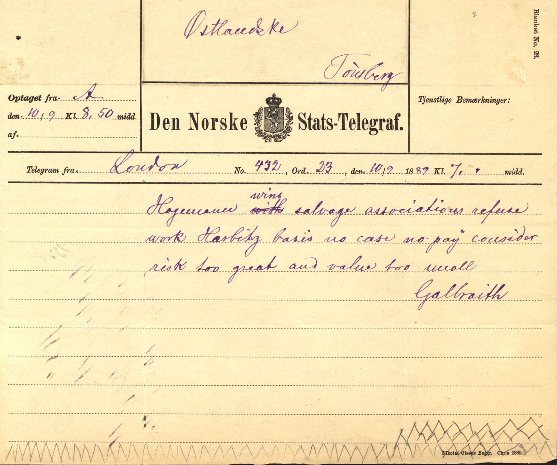 Pa 63 - Østlandske skibsassuranceforening, VEMU/A-1079/G/Ga/L0023/0007: Havaridokumenter / Eugenie, Askur, Præsident Harbitz, Professor Johnson, Professor Mohn, 1889, s. 78