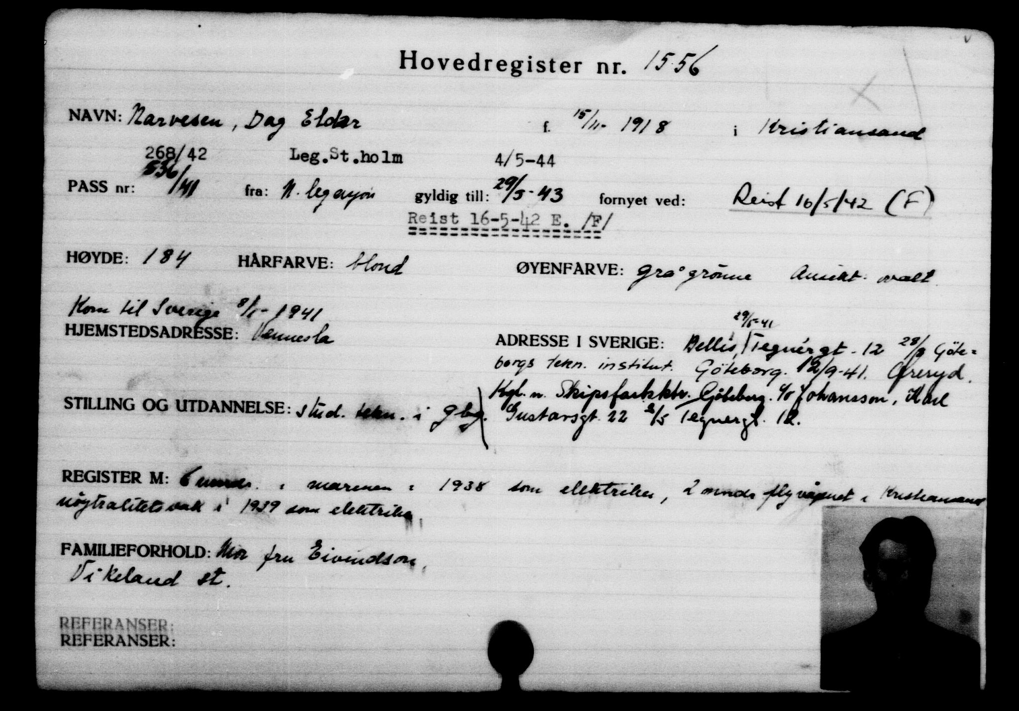 Utenriksstasjonene, Legasjonen i Stockholm, Flyktningkontoret, AV/RA-S-6753/V/Va/L0002: Kjesäterkartoteket, flyktninger med registreringsnr. 1001-2000, 1940-1945, s. 792
